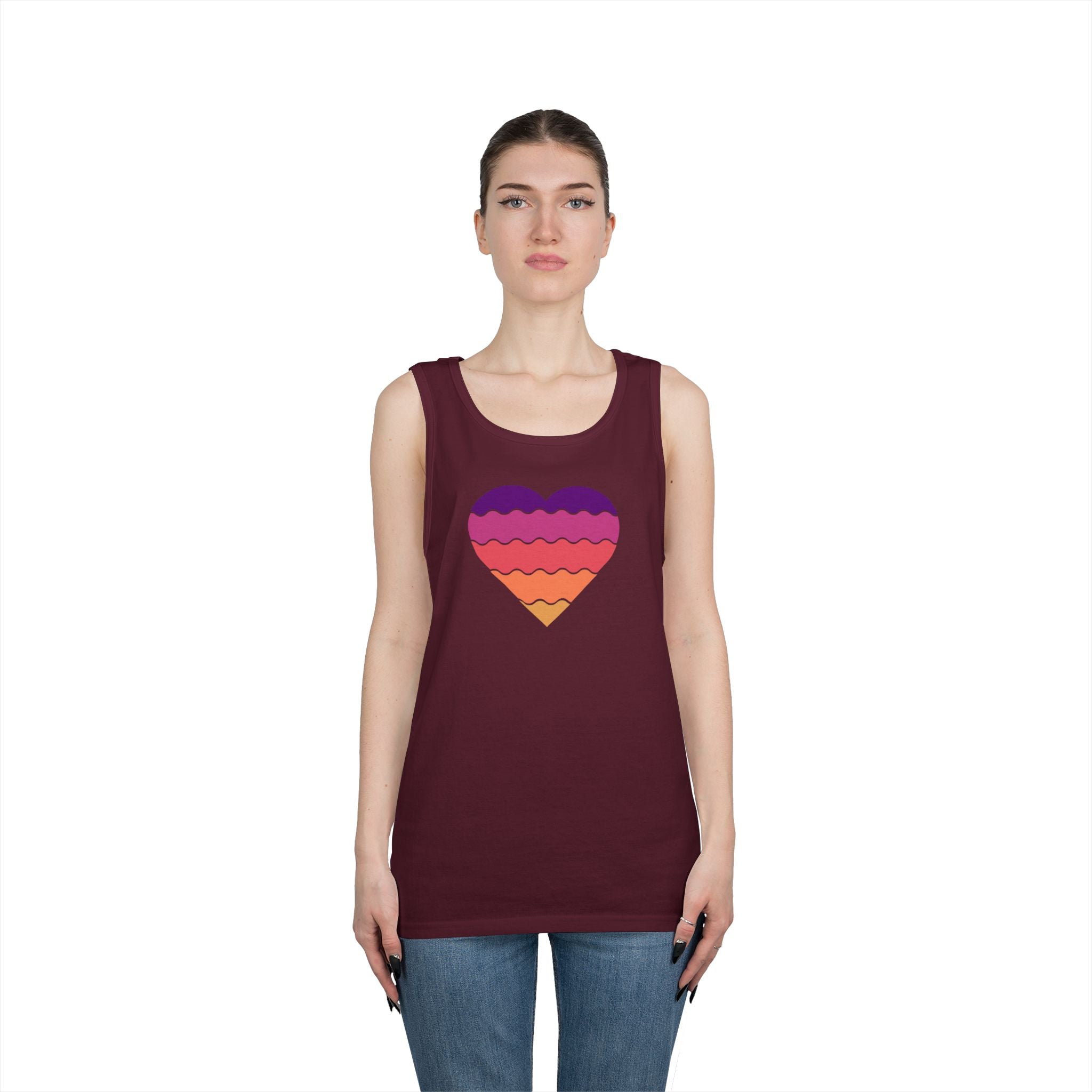 Sunset Heart Unisex Heavy Cotton Tank Top, Summer Vibes Tee, Beachwear, Pride Apparel, Gift for Her