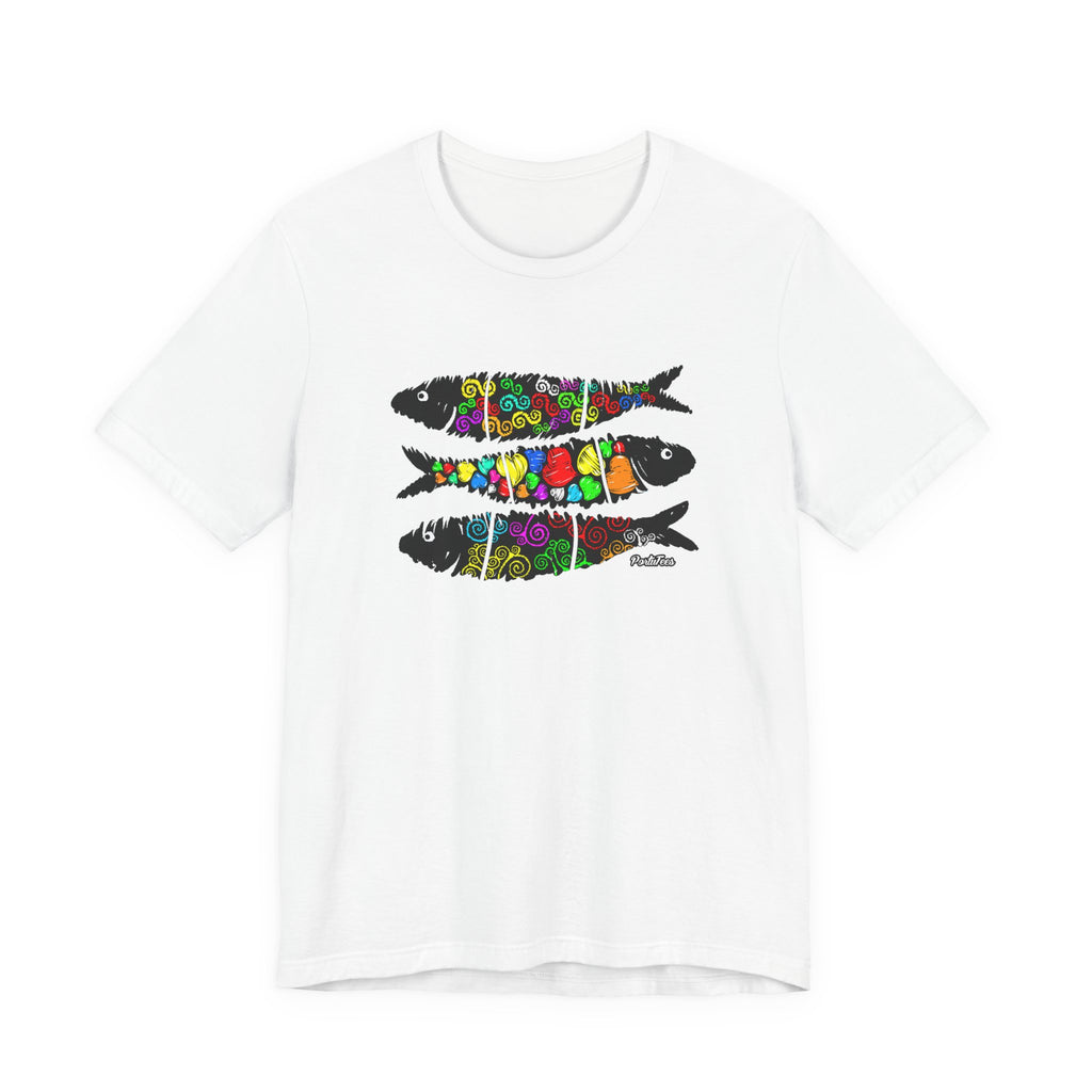Sardine Street Art Fish Trio Tee — Colorful Patterned Sardine Graphic T-Shirt