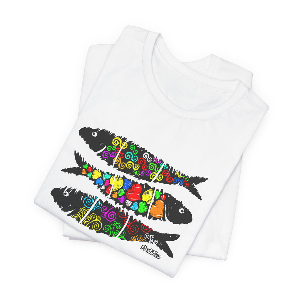 Sardine Street Art Fish Trio Tee — Colorful Patterned Sardine Graphic T-Shirt