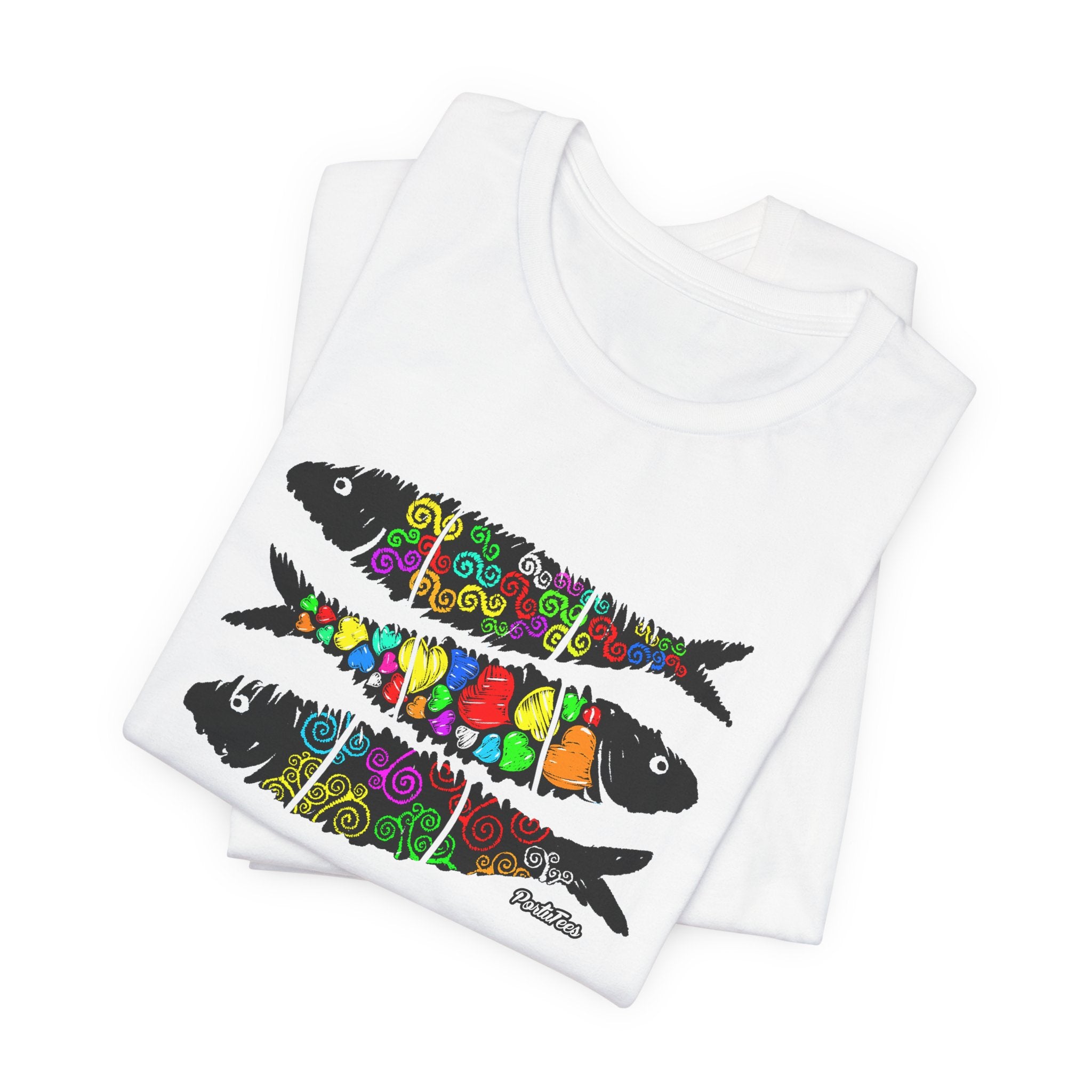 Sardine Street Art Fish Trio Tee — Colorful Patterned Sardine Graphic T-Shirt