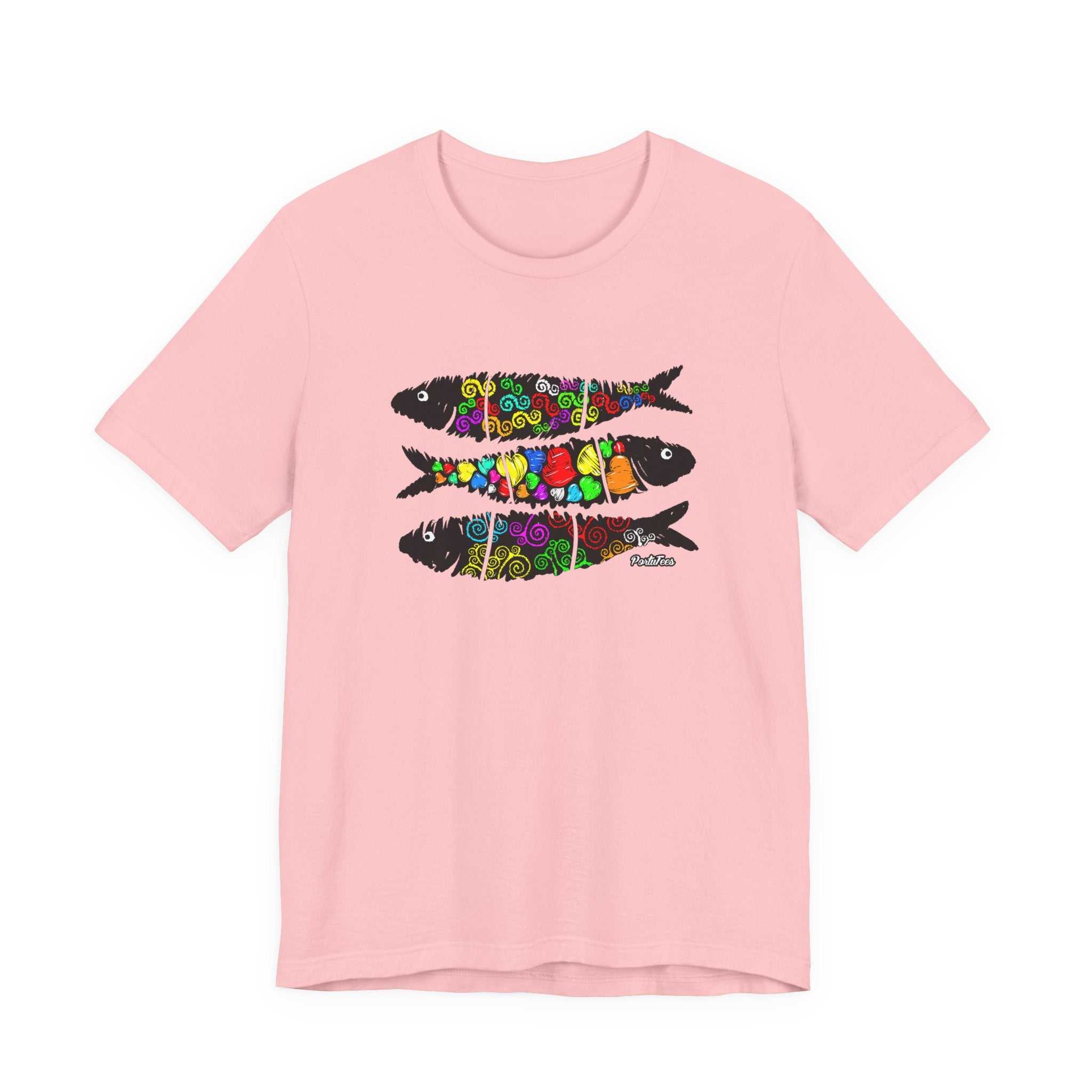 Sardine Street Art Fish Trio Tee — Colorful Patterned Sardine Graphic T-Shirt