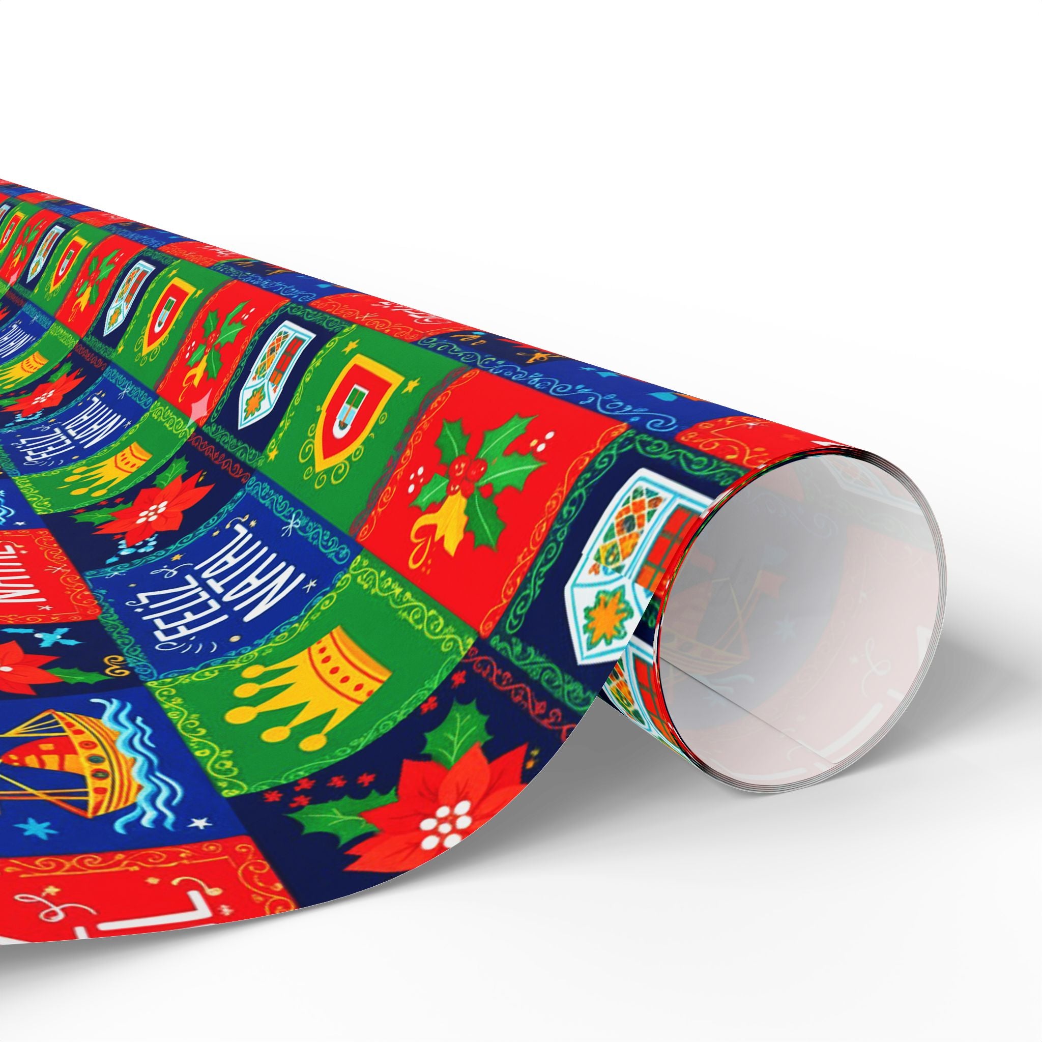 Feliz Natal Holiday Crest Pattern Wrapping Paper Roll - Festive Crown & Holly Gift Wrap