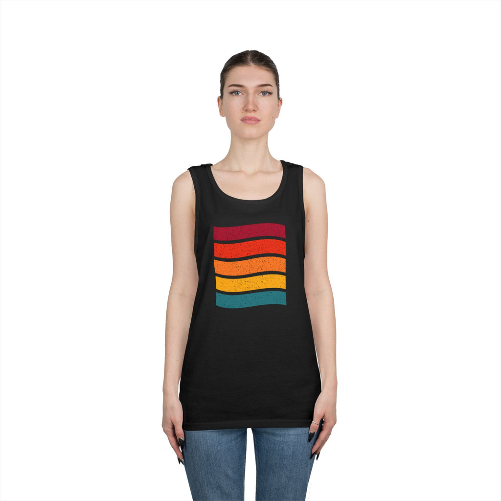 Retro Rainbow Waves Unisex Heavy Cotton Tank Top, Summer Shirt, Beachwear, Festival Outfit, Gift for Him or Her