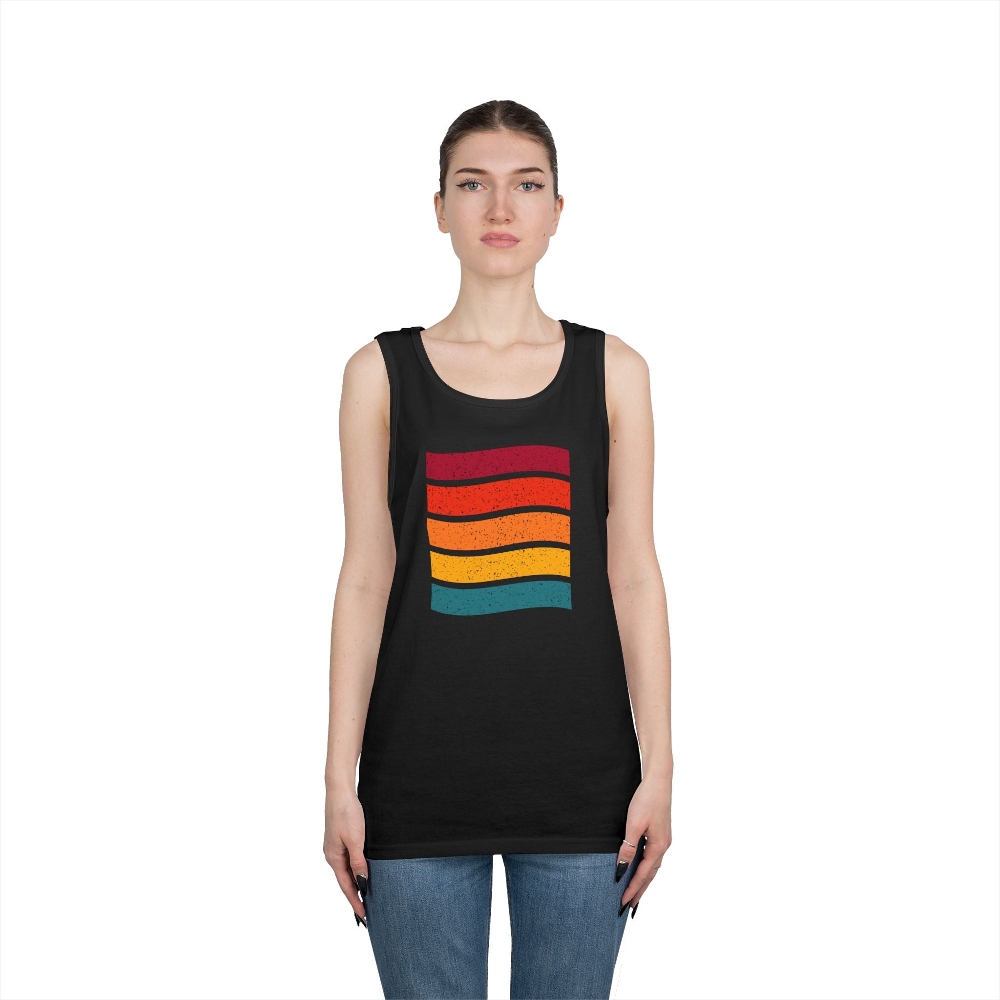 Retro Rainbow Waves Unisex Heavy Cotton Tank Top, Summer Shirt, Beachwear, Festival Outfit, Gift for Him or Her