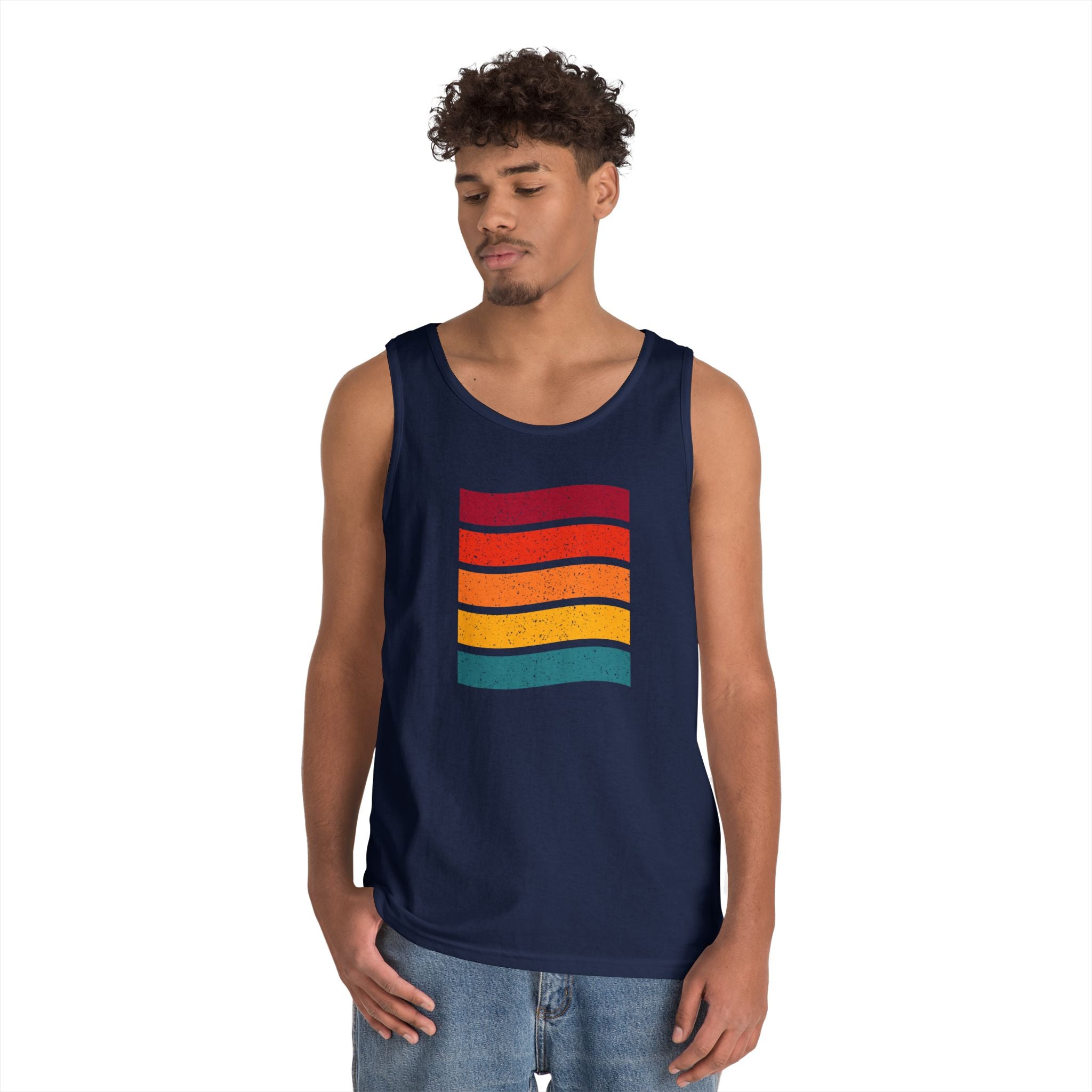 Retro Rainbow Waves Unisex Heavy Cotton Tank Top, Summer Shirt, Beachwear, Festival Outfit, Gift for Him or Her