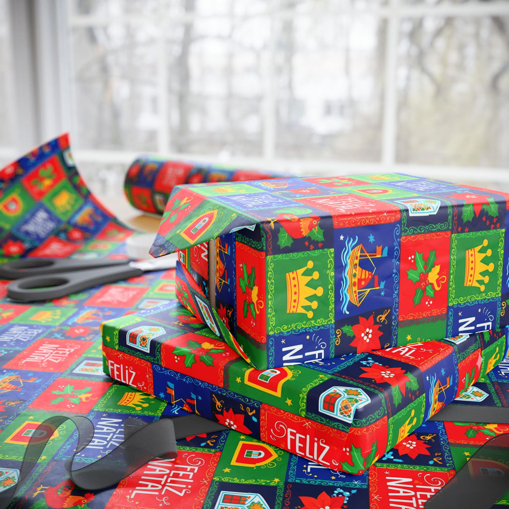 Feliz Natal Holiday Crest Pattern Wrapping Paper Roll - Festive Crown & Holly Gift Wrap