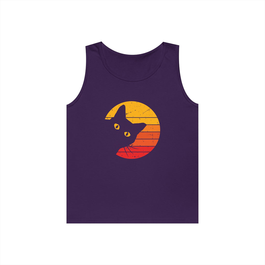 Sunset Cat Unisex Heavy Cotton Tank Top, Perfect for Cat Lovers, Summer Wear, Beach Days, Gift for Cat Owners, Casual Style