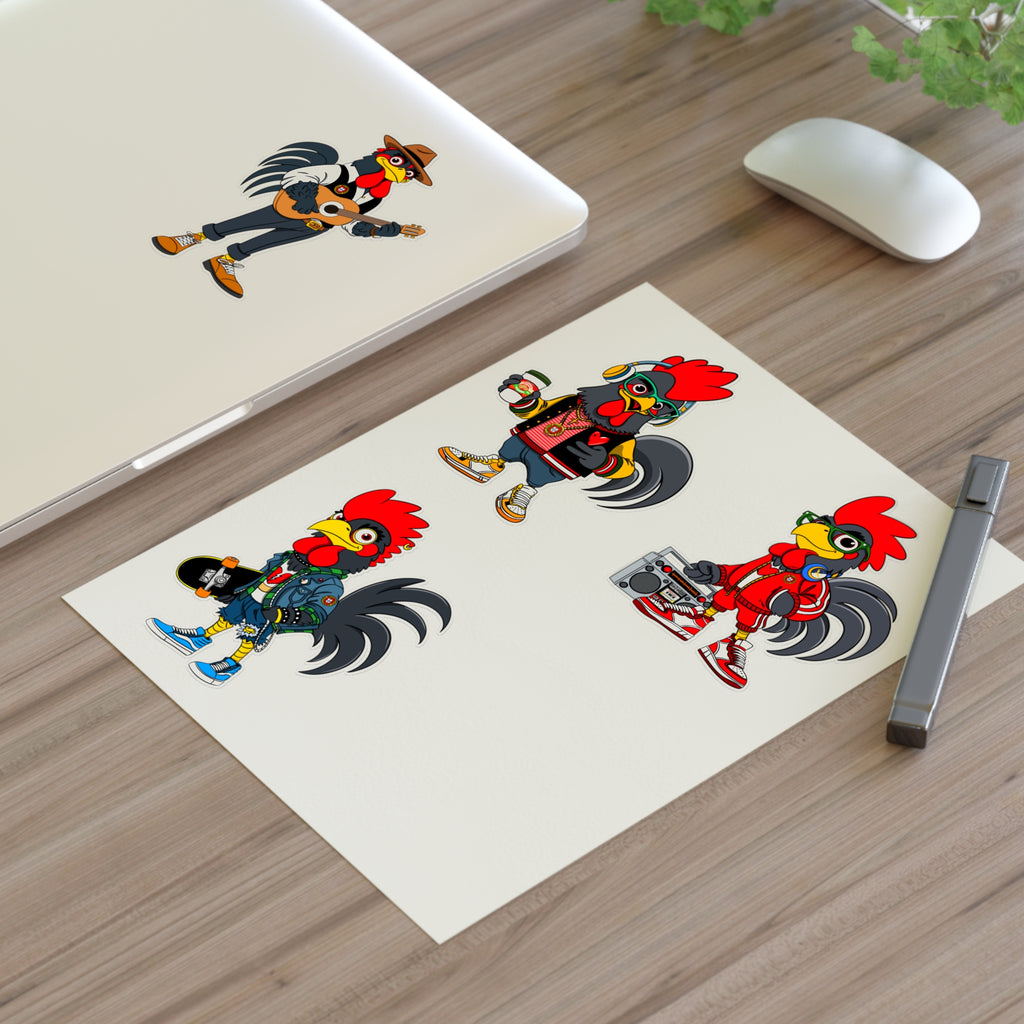 Fab Four Roosters Sticker Sheets, Fun Decals for Wall Art, Laptop, Scrapbooking, Gift for Farmers, Country Lovers, Collectible Stickers