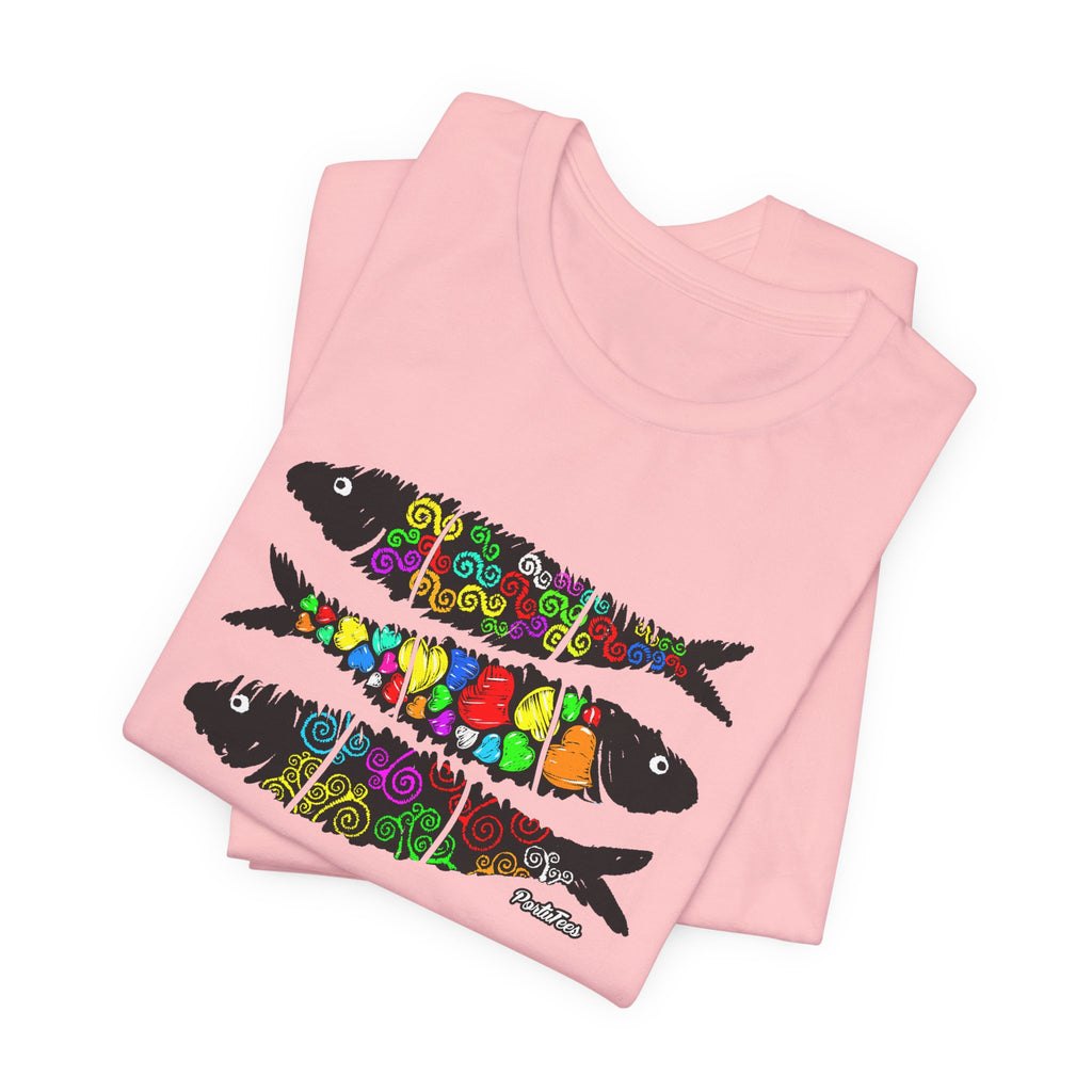 Sardine Street Art Fish Trio Tee — Colorful Patterned Sardine Graphic T-Shirt