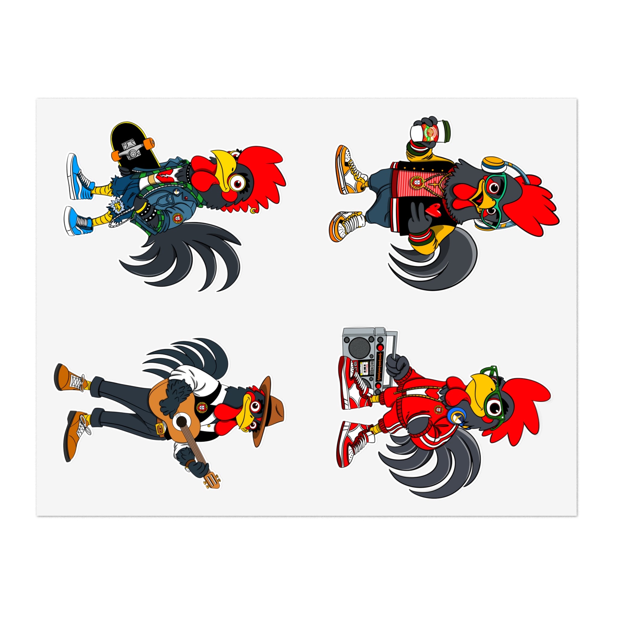 Fab Four Roosters Sticker Sheets, Fun Decals for Wall Art, Laptop, Scrapbooking, Gift for Farmers, Country Lovers, Collectible Stickers