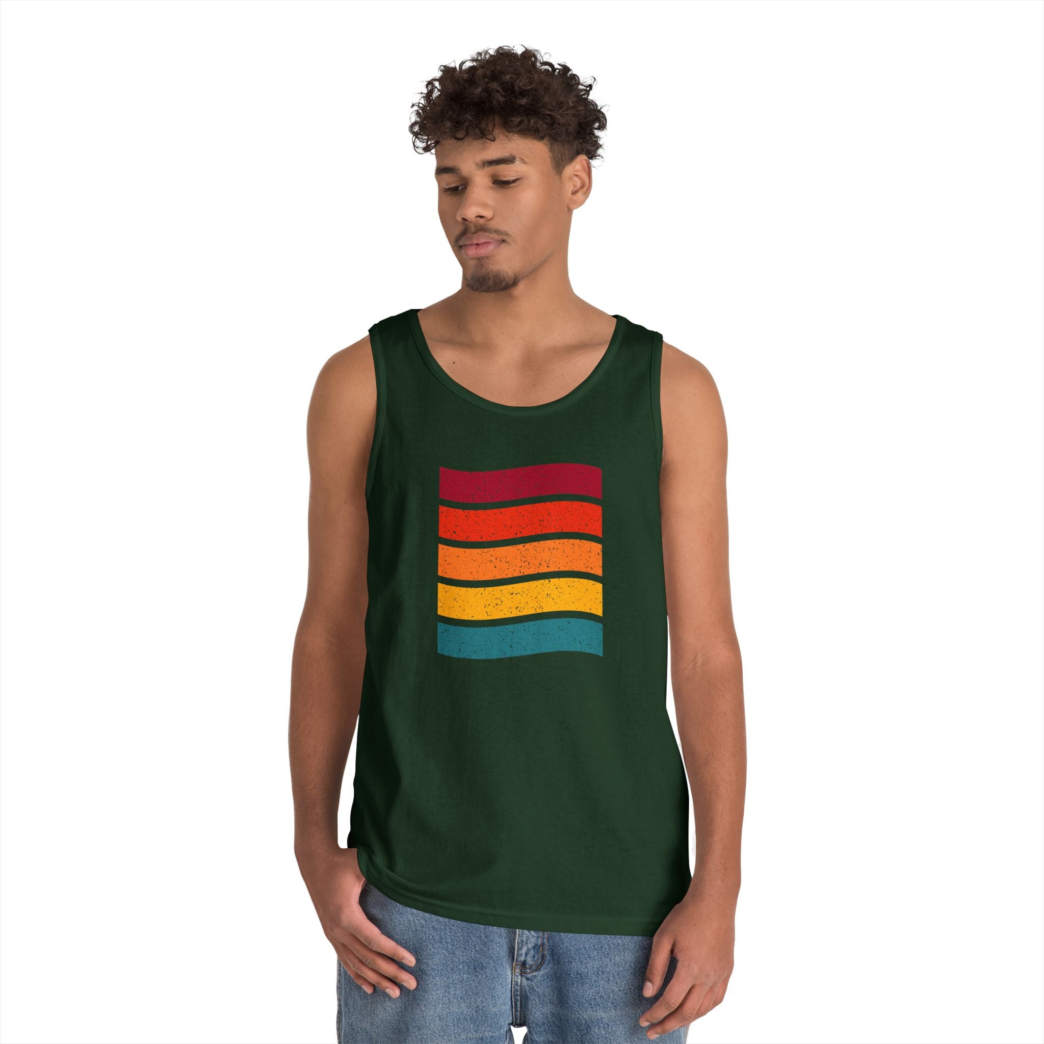 Retro Rainbow Waves Unisex Heavy Cotton Tank Top, Summer Shirt, Beachwear, Festival Outfit, Gift for Him or Her