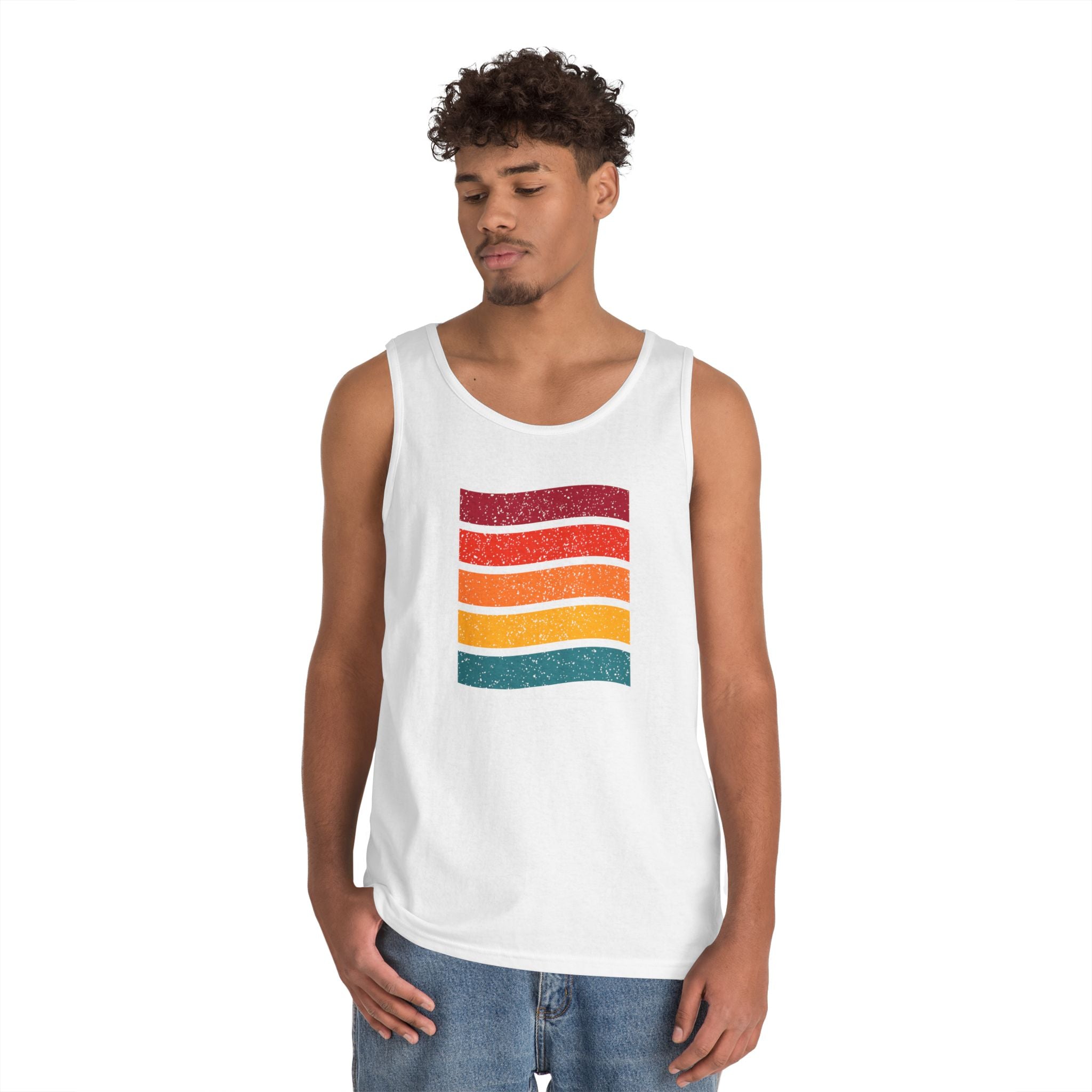 Retro Rainbow Waves Unisex Heavy Cotton Tank Top, Summer Shirt, Beachwear, Festival Outfit, Gift for Him or Her