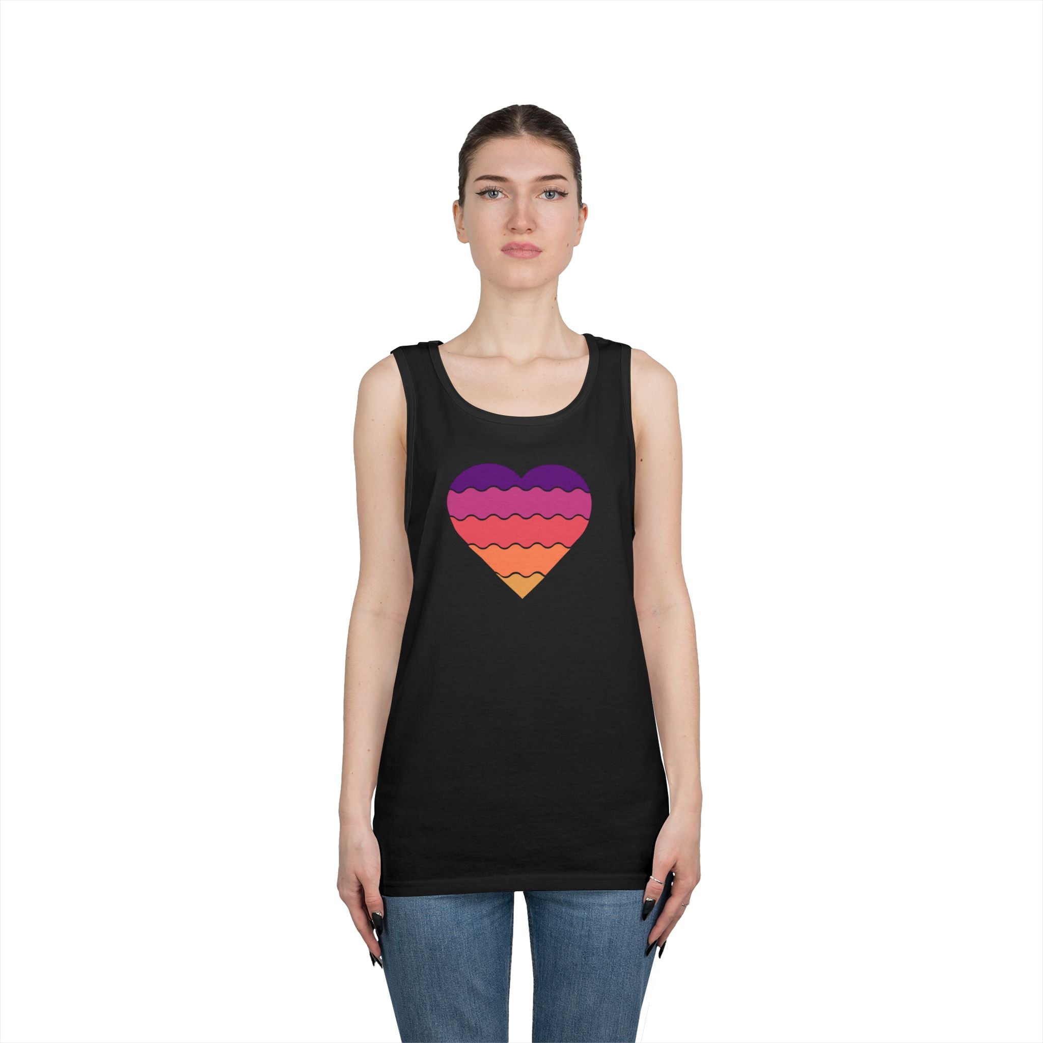 Sunset Heart Unisex Heavy Cotton Tank Top, Summer Vibes Tee, Beachwear, Pride Apparel, Gift for Her