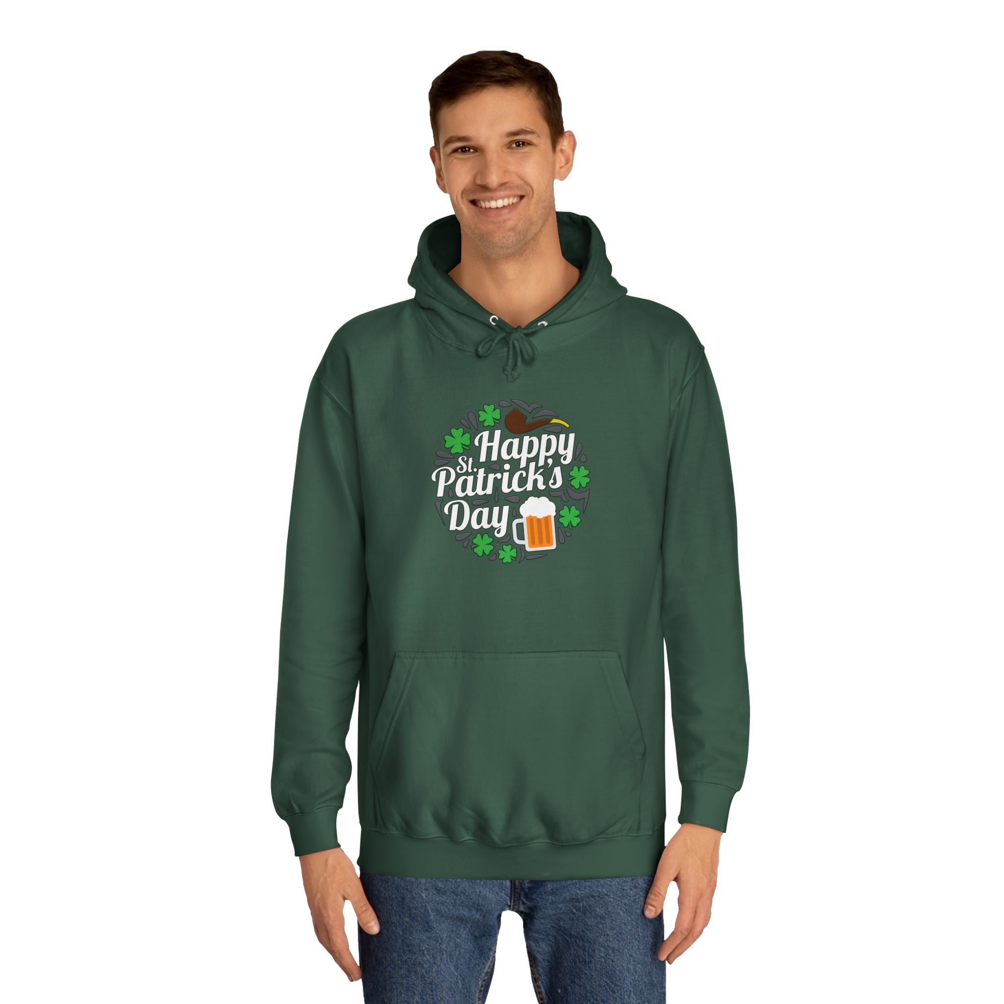 St. Patrick's Day Unisex College Hoodie, Irish Holiday Apparel, Lucky Clover Sweatshirt, Beer Lover Gift, Cozy St. Pat's Outfit