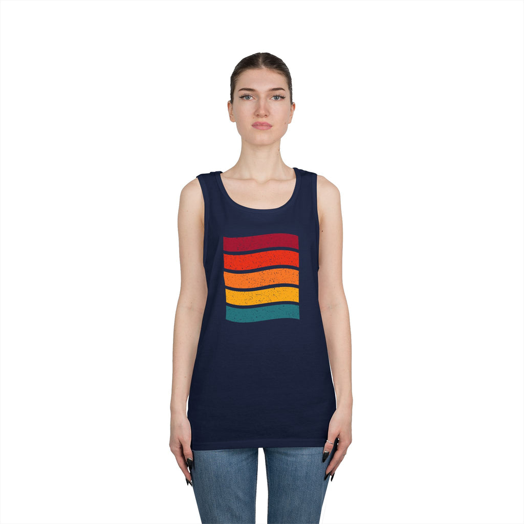 Retro Rainbow Waves Unisex Heavy Cotton Tank Top, Summer Shirt, Beachwear, Festival Outfit, Gift for Him or Her