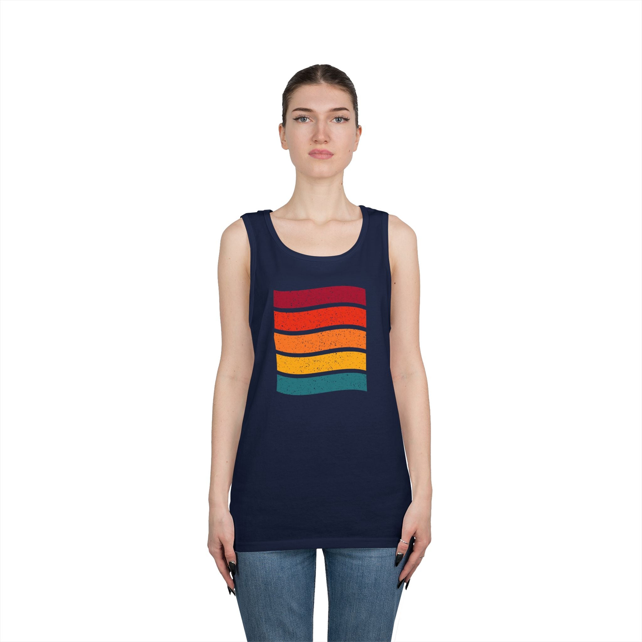 Retro Rainbow Waves Unisex Heavy Cotton Tank Top, Summer Shirt, Beachwear, Festival Outfit, Gift for Him or Her