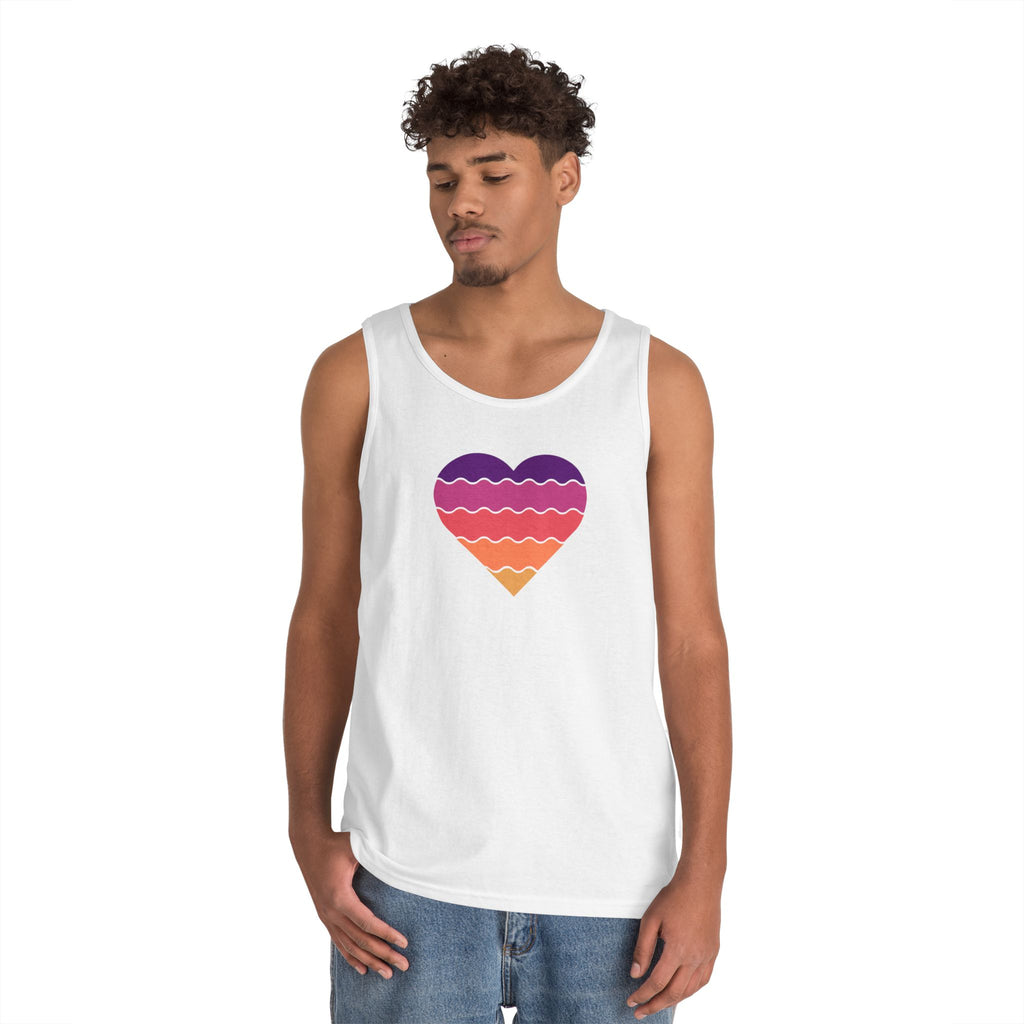 Sunset Heart Unisex Heavy Cotton Tank Top, Summer Vibes Tee, Beachwear, Pride Apparel, Gift for Her