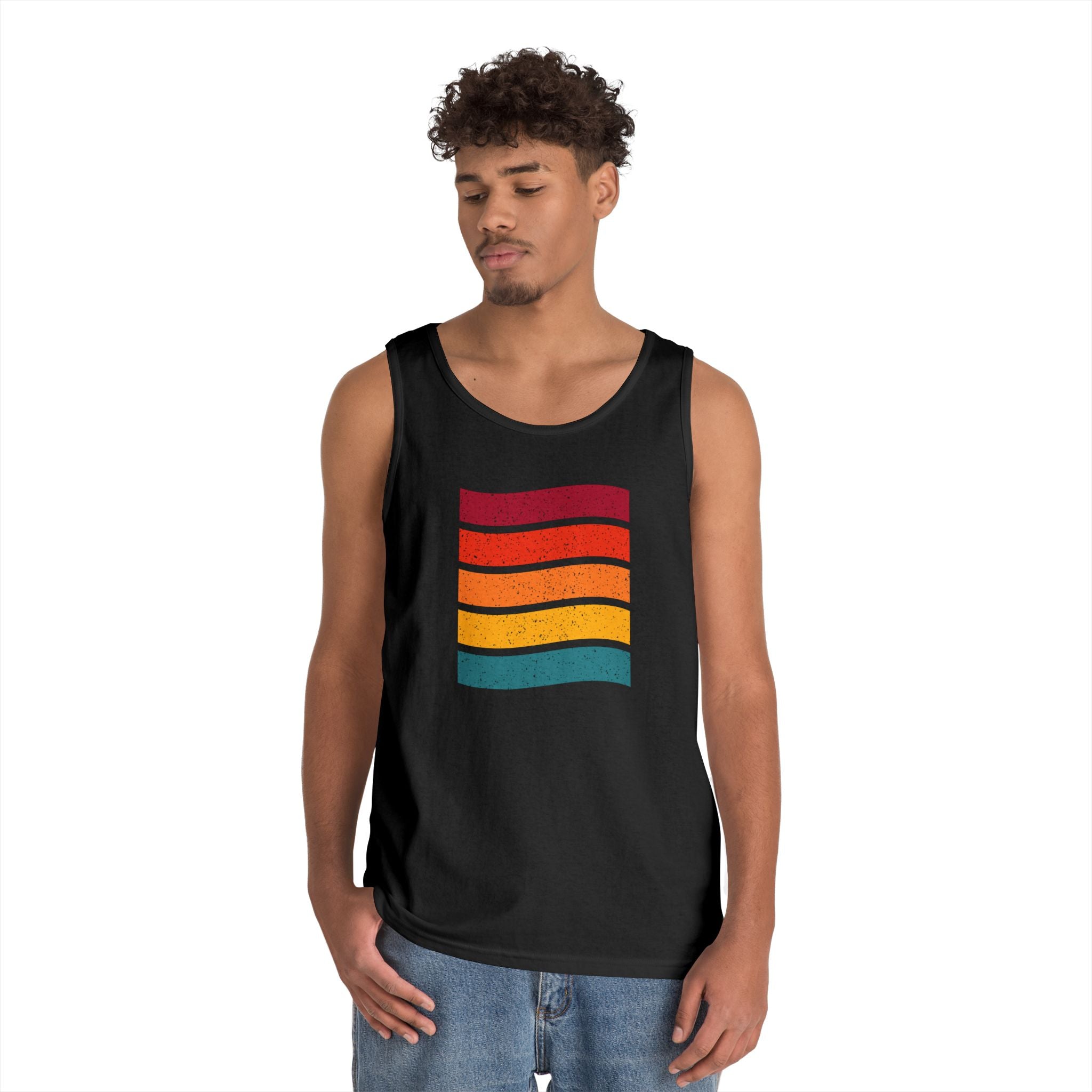 Retro Rainbow Waves Unisex Heavy Cotton Tank Top, Summer Shirt, Beachwear, Festival Outfit, Gift for Him or Her