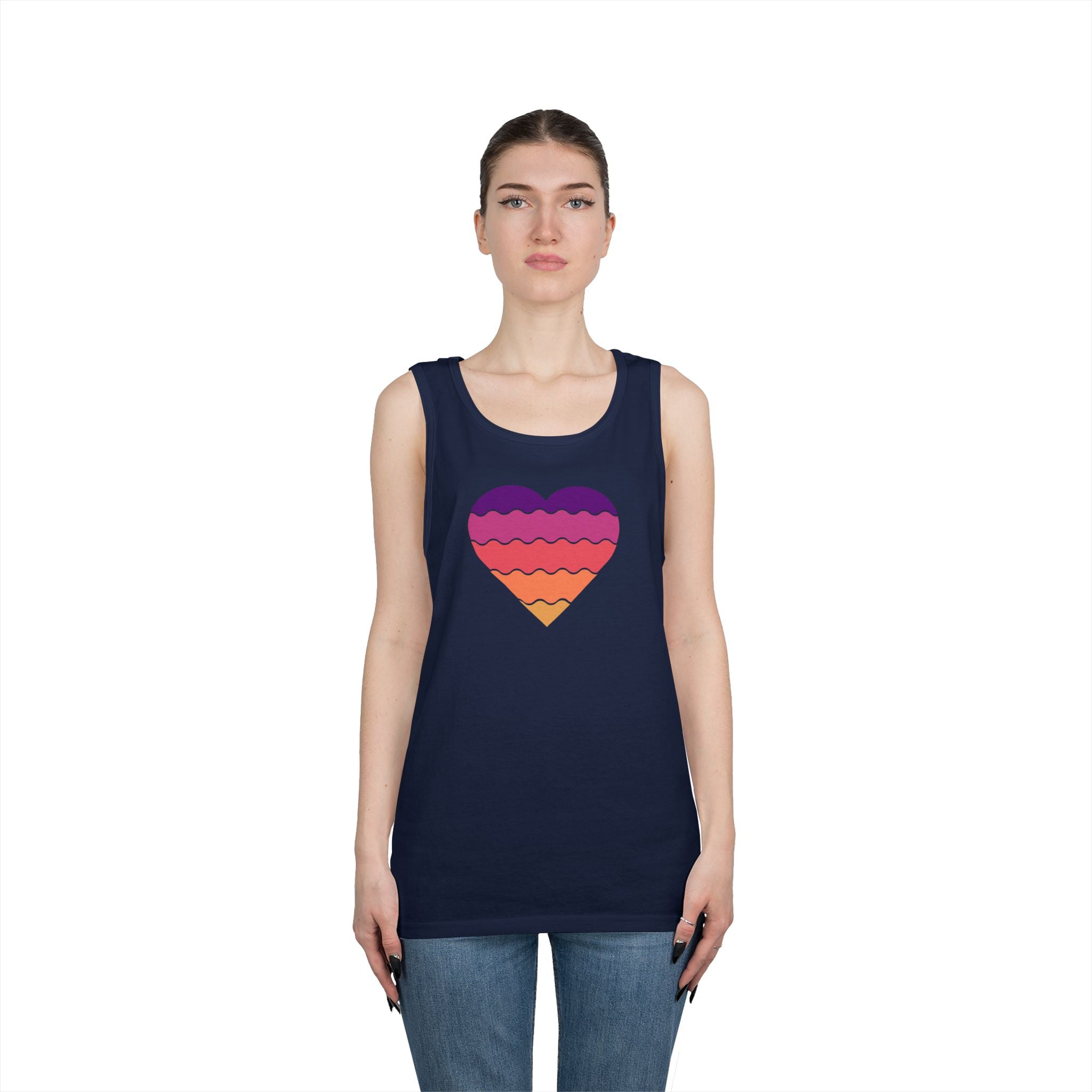 Sunset Heart Unisex Heavy Cotton Tank Top, Summer Vibes Tee, Beachwear, Pride Apparel, Gift for Her