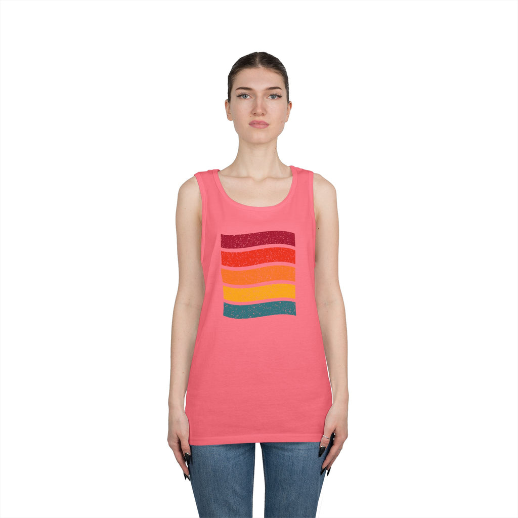 Retro Rainbow Waves Unisex Heavy Cotton Tank Top, Summer Shirt, Beachwear, Festival Outfit, Gift for Him or Her