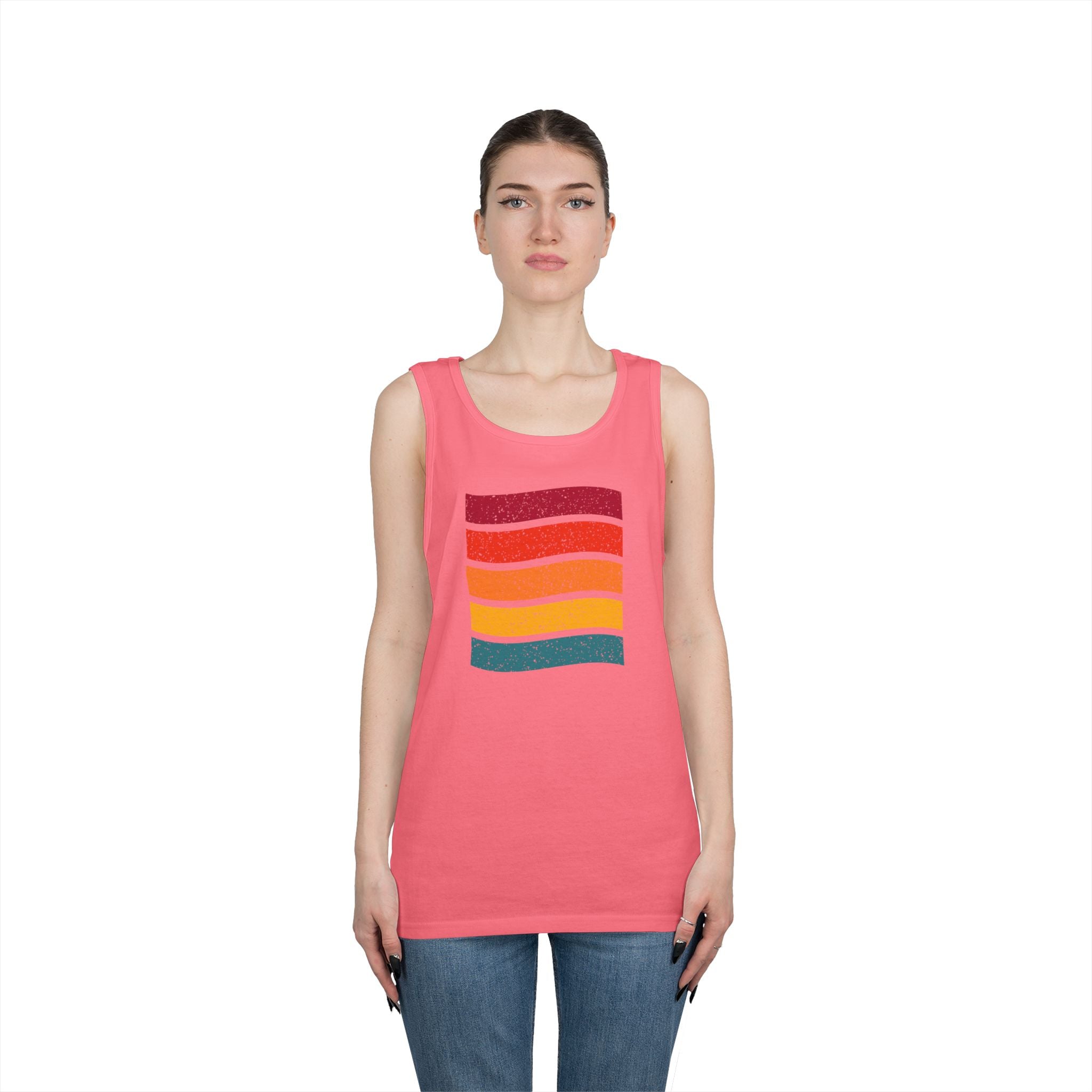 Retro Rainbow Waves Unisex Heavy Cotton Tank Top, Summer Shirt, Beachwear, Festival Outfit, Gift for Him or Her