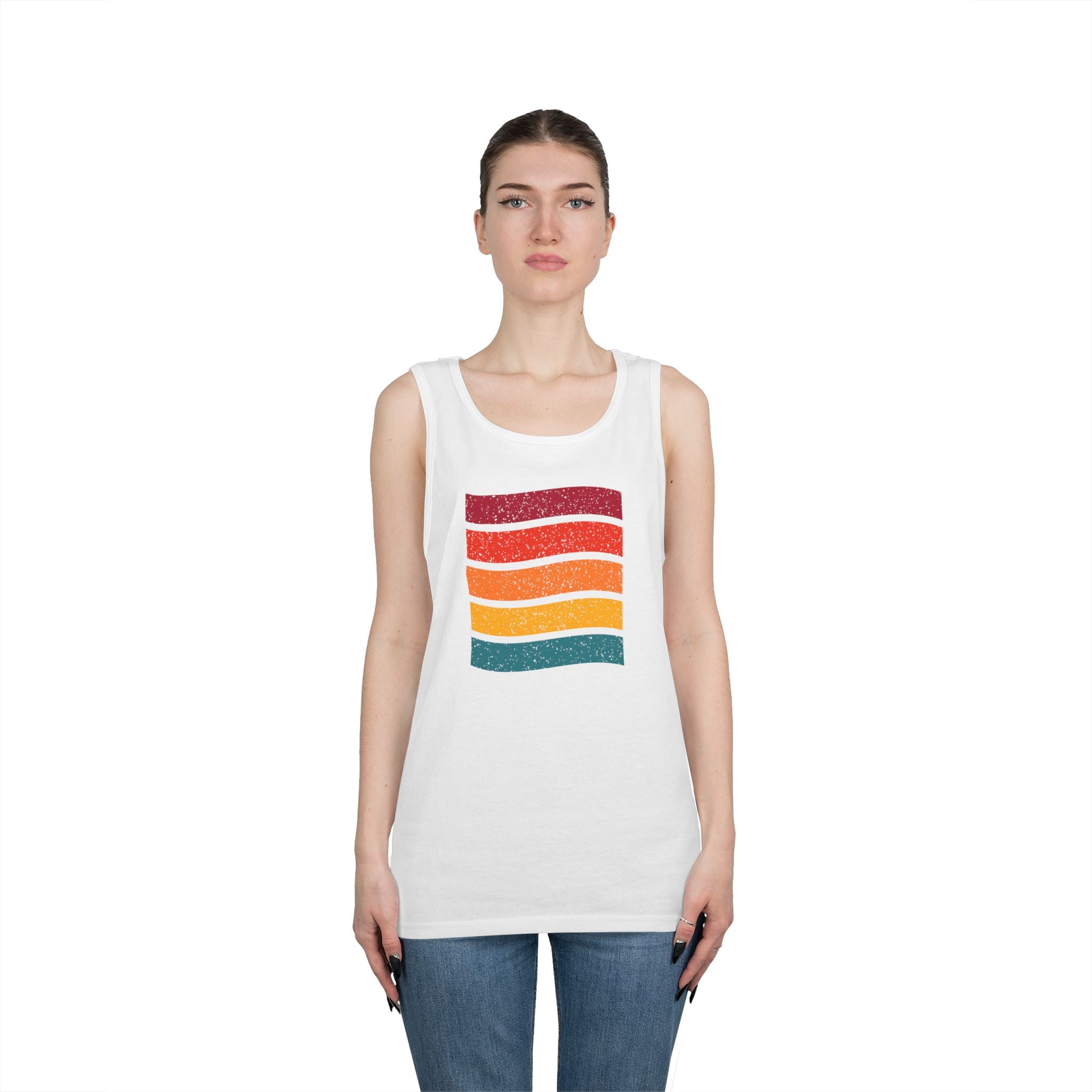 Retro Rainbow Waves Unisex Heavy Cotton Tank Top, Summer Shirt, Beachwear, Festival Outfit, Gift for Him or Her
