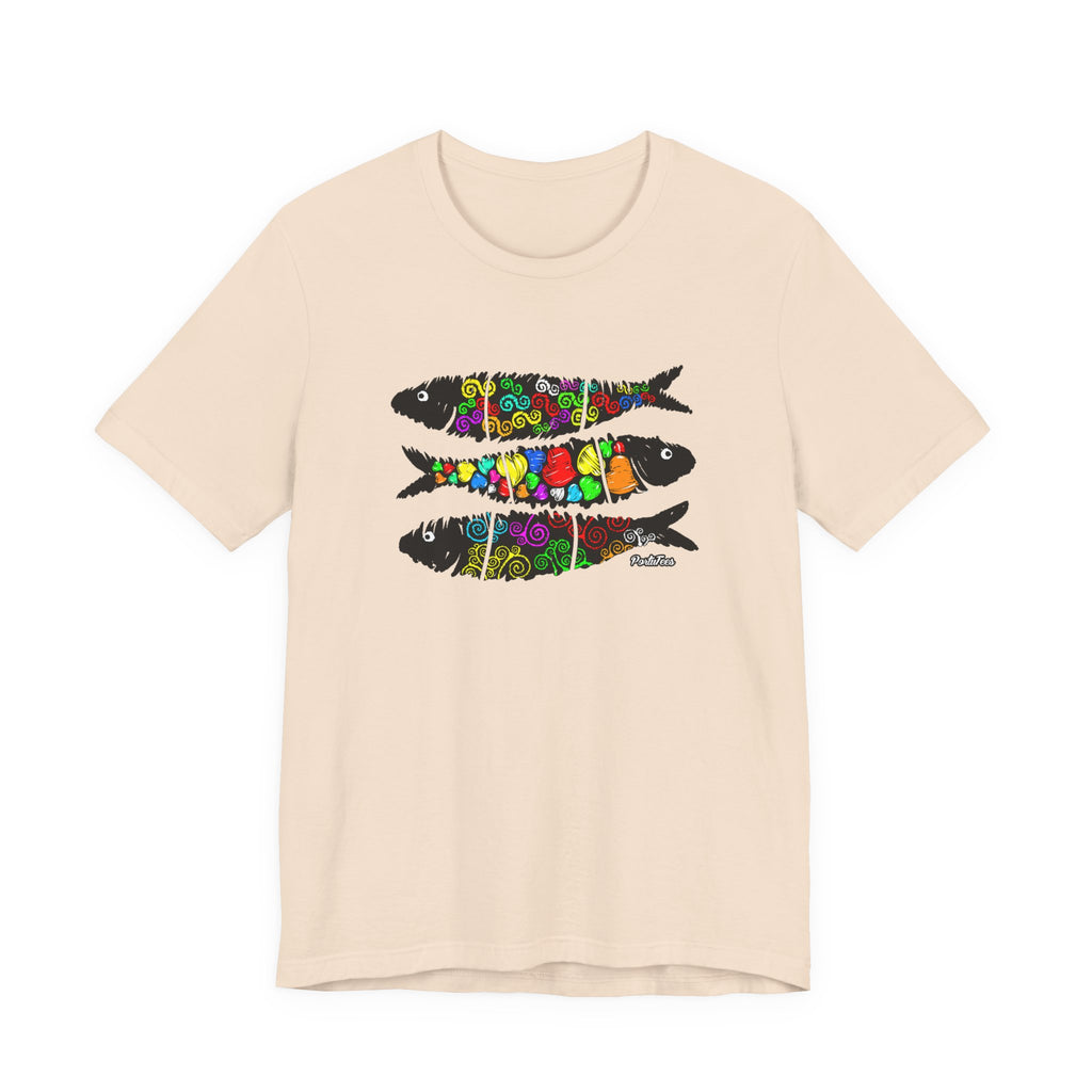 Sardine Street Art Fish Trio Tee — Colorful Patterned Sardine Graphic T-Shirt