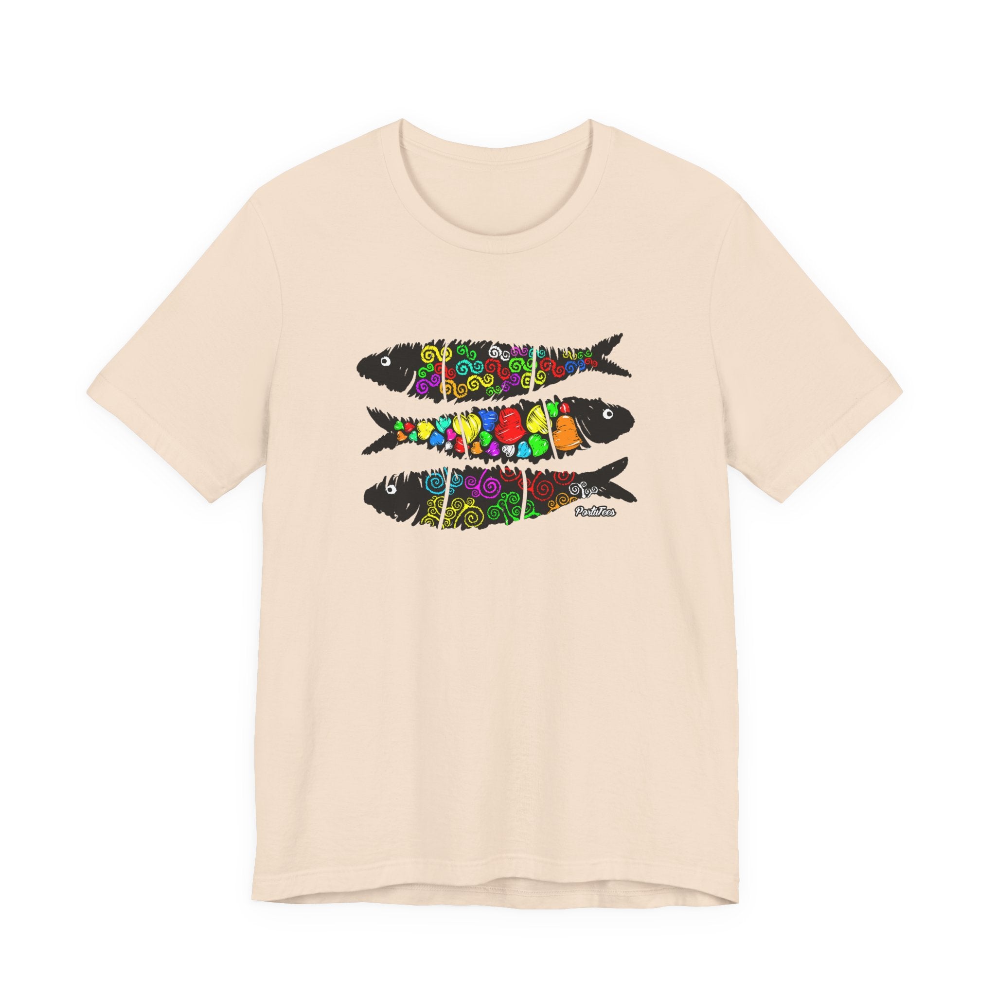 Sardine Street Art Fish Trio Tee — Colorful Patterned Sardine Graphic T-Shirt