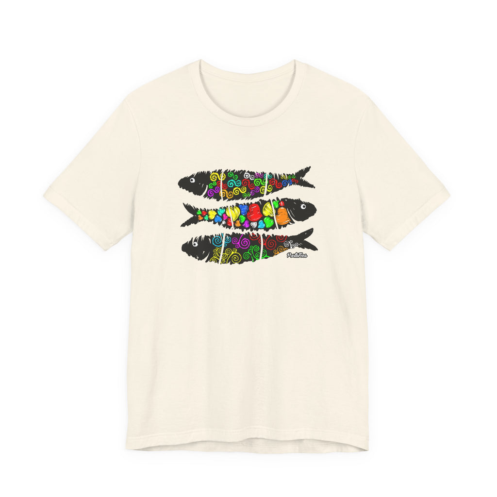 Sardine Street Art Fish Trio Tee — Colorful Patterned Sardine Graphic T-Shirt