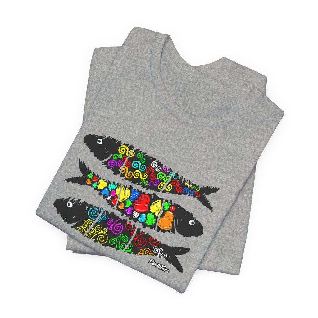 Sardine Street Art Fish Trio Tee — Colorful Patterned Sardine Graphic T-Shirt
