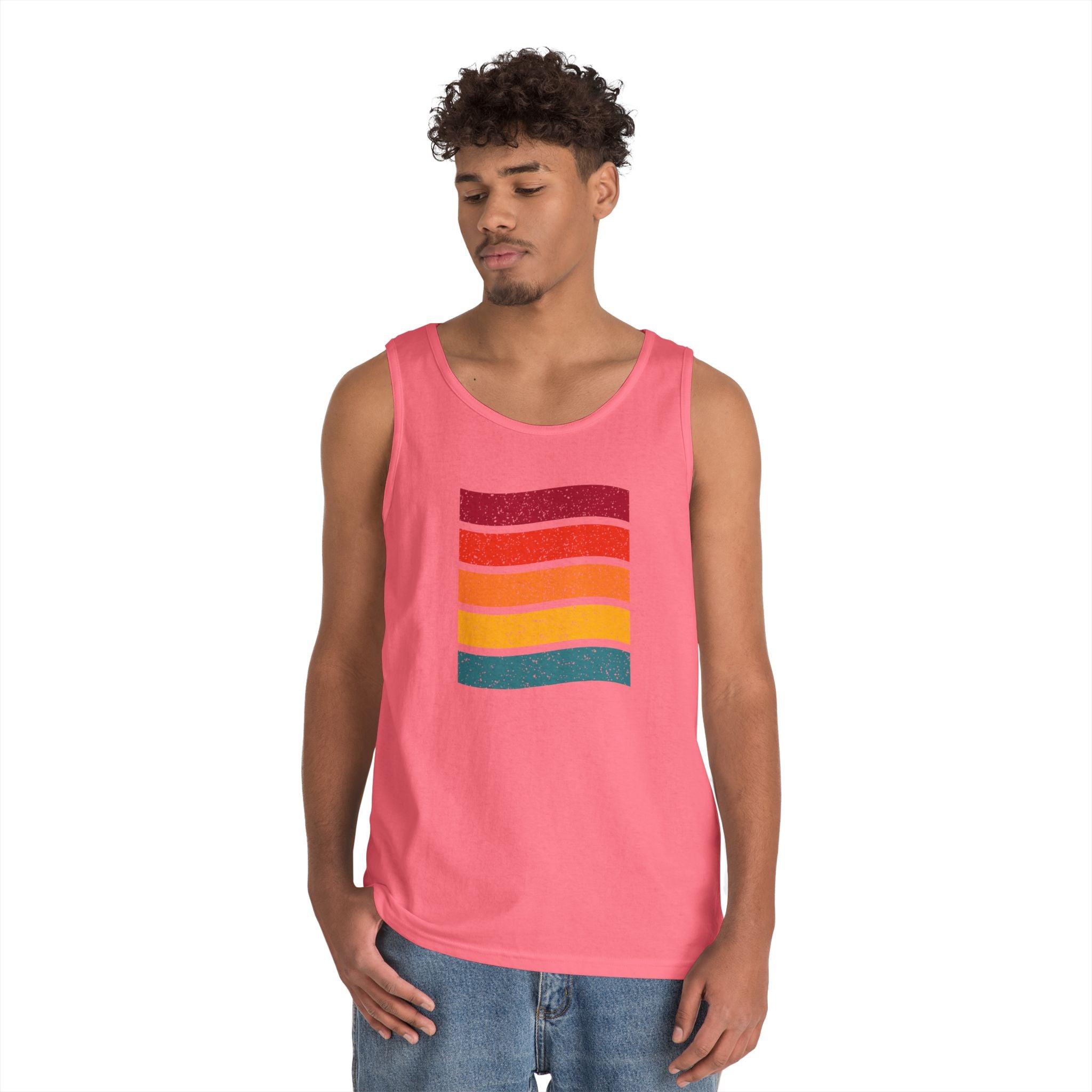 Retro Rainbow Waves Unisex Heavy Cotton Tank Top, Summer Shirt, Beachwear, Festival Outfit, Gift for Him or Her