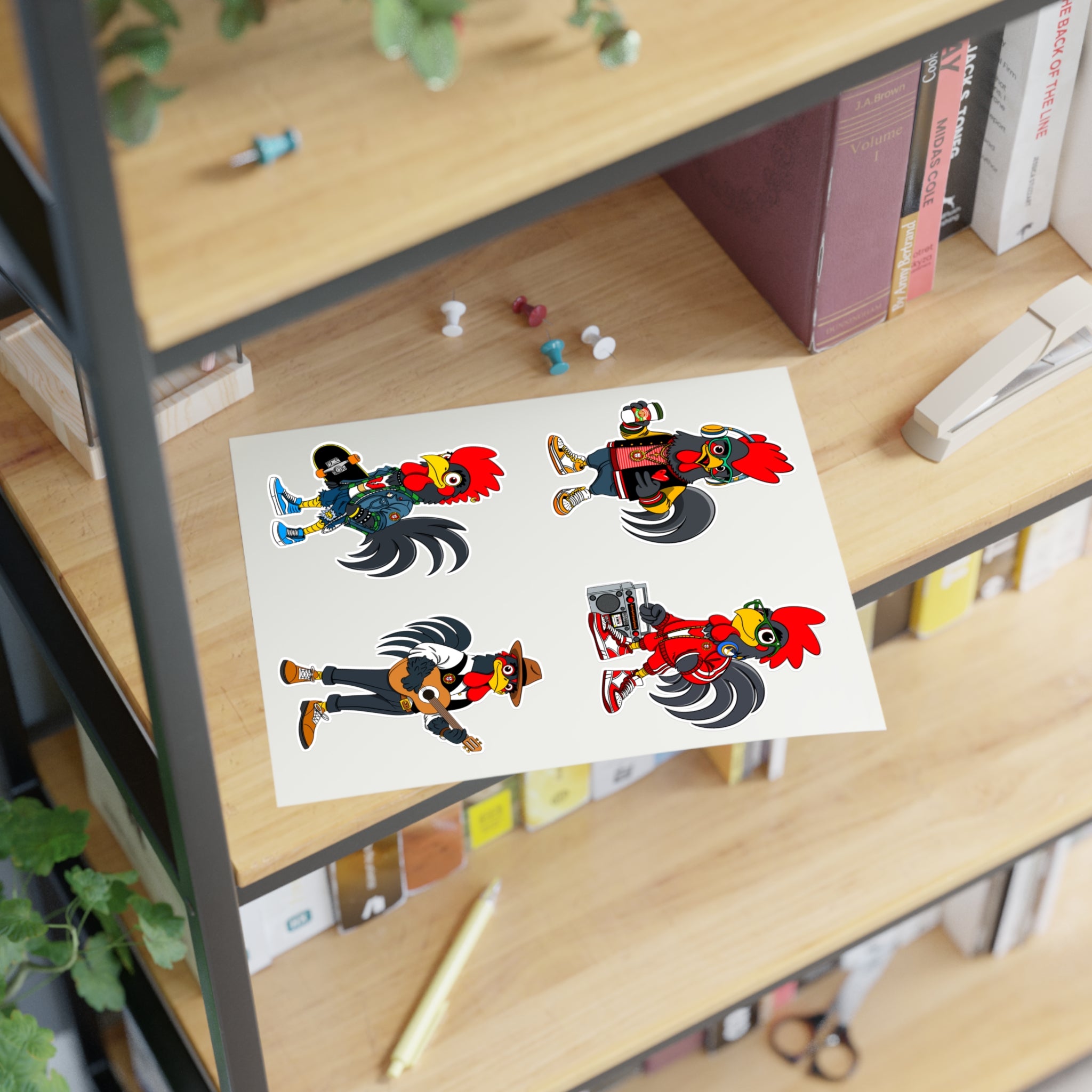 Fab Four Roosters Sticker Sheets, Fun Decals for Wall Art, Laptop, Scrapbooking, Gift for Farmers, Country Lovers, Collectible Stickers