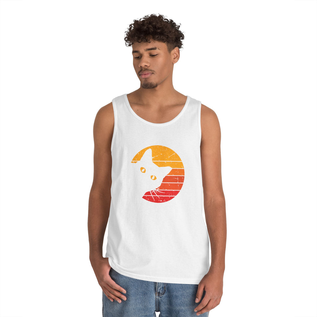 Sunset Cat Unisex Heavy Cotton Tank Top, Perfect for Cat Lovers, Summer Wear, Beach Days, Gift for Cat Owners, Casual Style