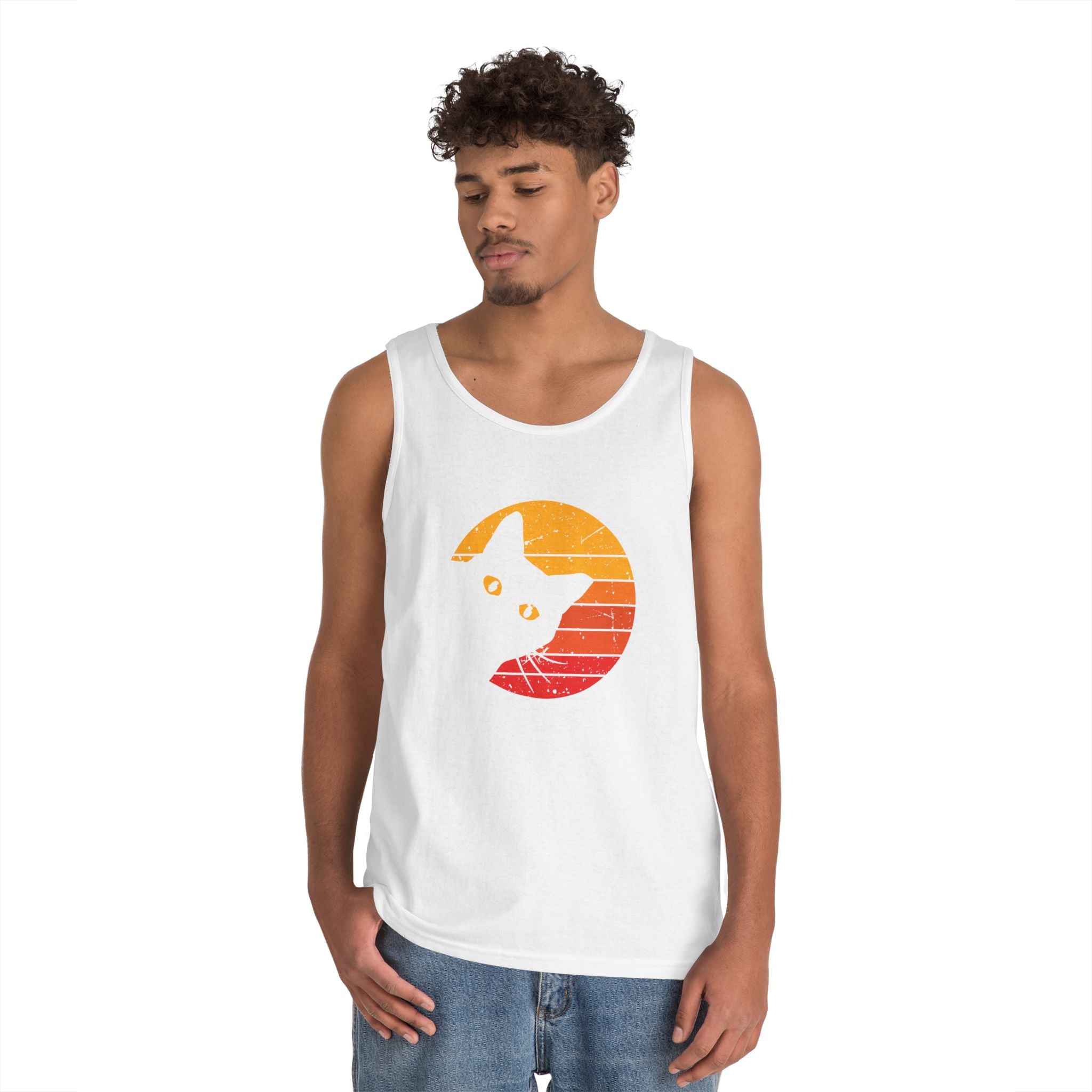 Sunset Cat Unisex Heavy Cotton Tank Top, Perfect for Cat Lovers, Summer Wear, Beach Days, Gift for Cat Owners, Casual Style