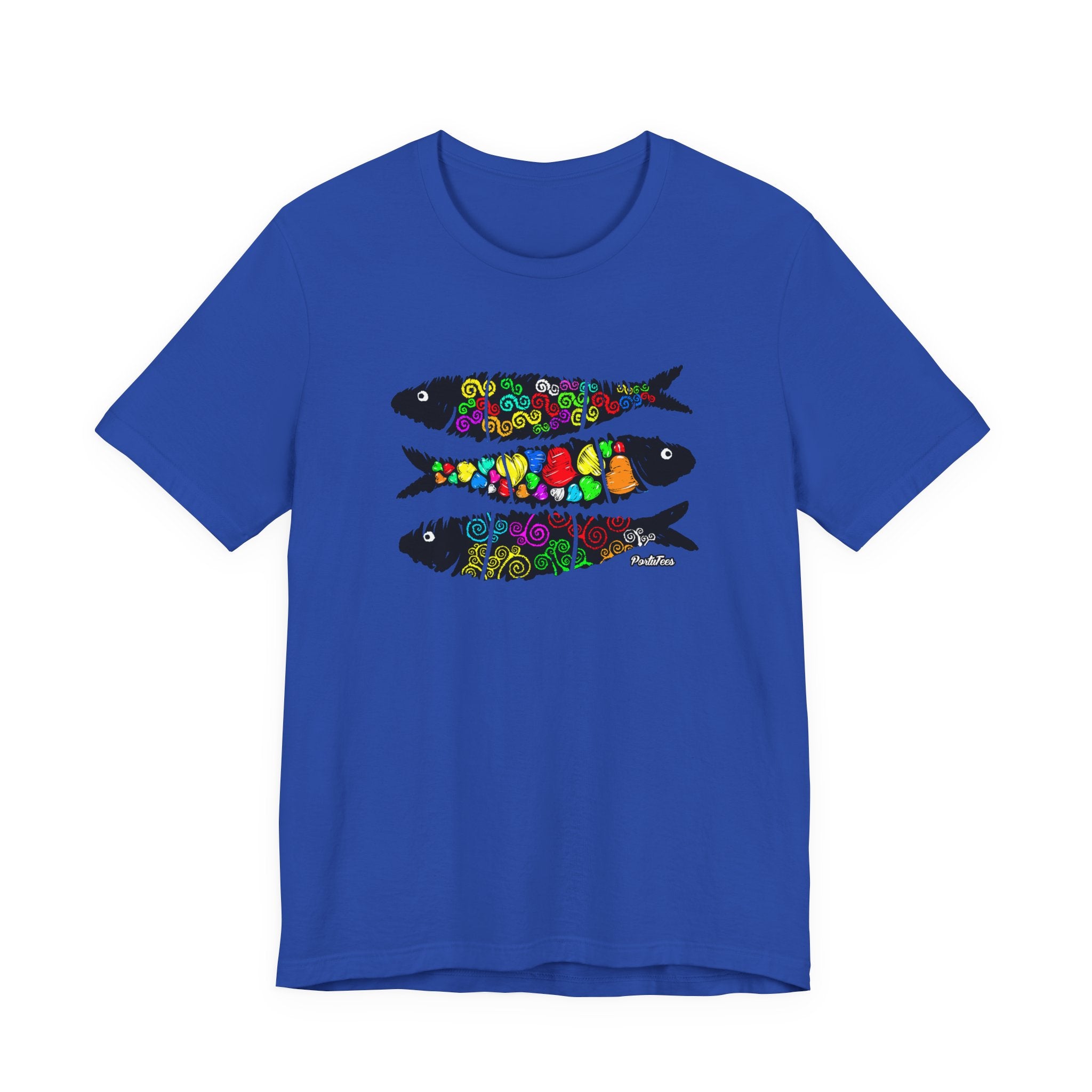 Sardine Street Art Fish Trio Tee — Colorful Patterned Sardine Graphic T-Shirt