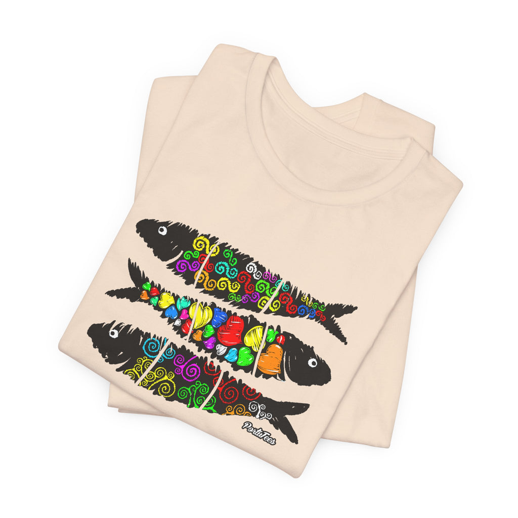 Sardine Street Art Fish Trio Tee — Colorful Patterned Sardine Graphic T-Shirt
