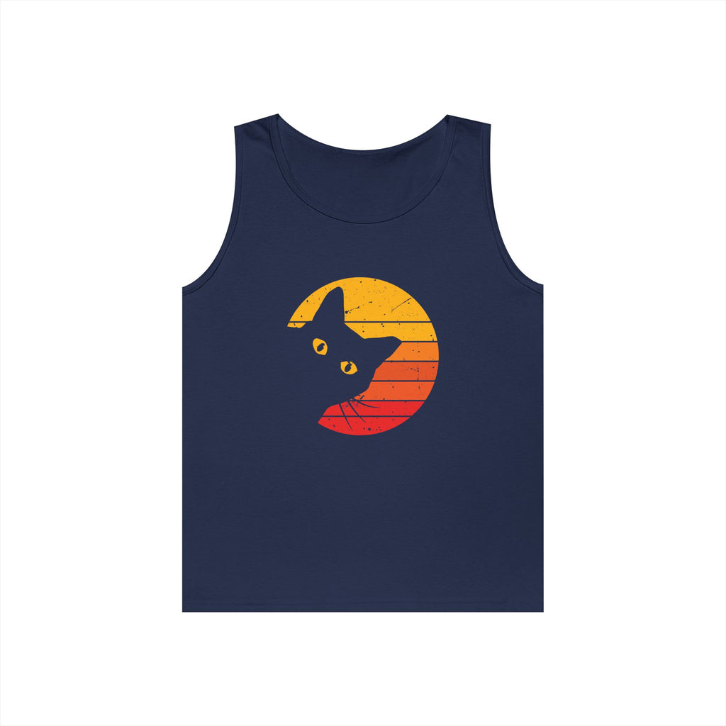 Sunset Cat Unisex Heavy Cotton Tank Top, Perfect for Cat Lovers, Summer Wear, Beach Days, Gift for Cat Owners, Casual Style