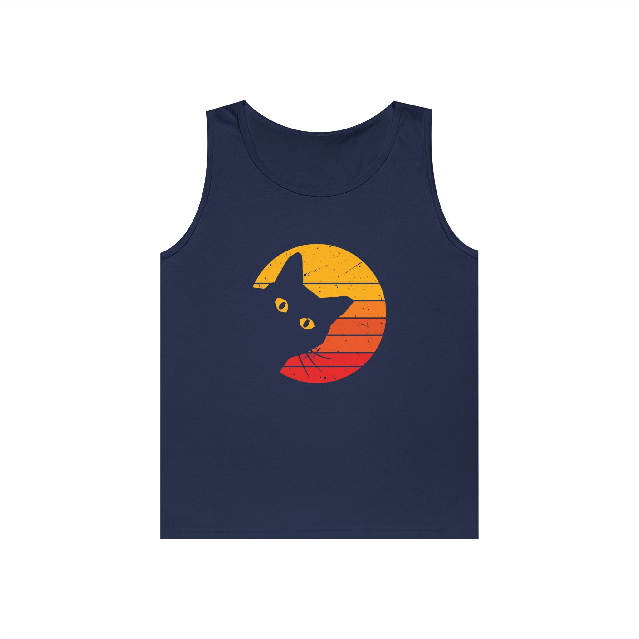 Sunset Cat Unisex Heavy Cotton Tank Top, Perfect for Cat Lovers, Summer Wear, Beach Days, Gift for Cat Owners, Casual Style