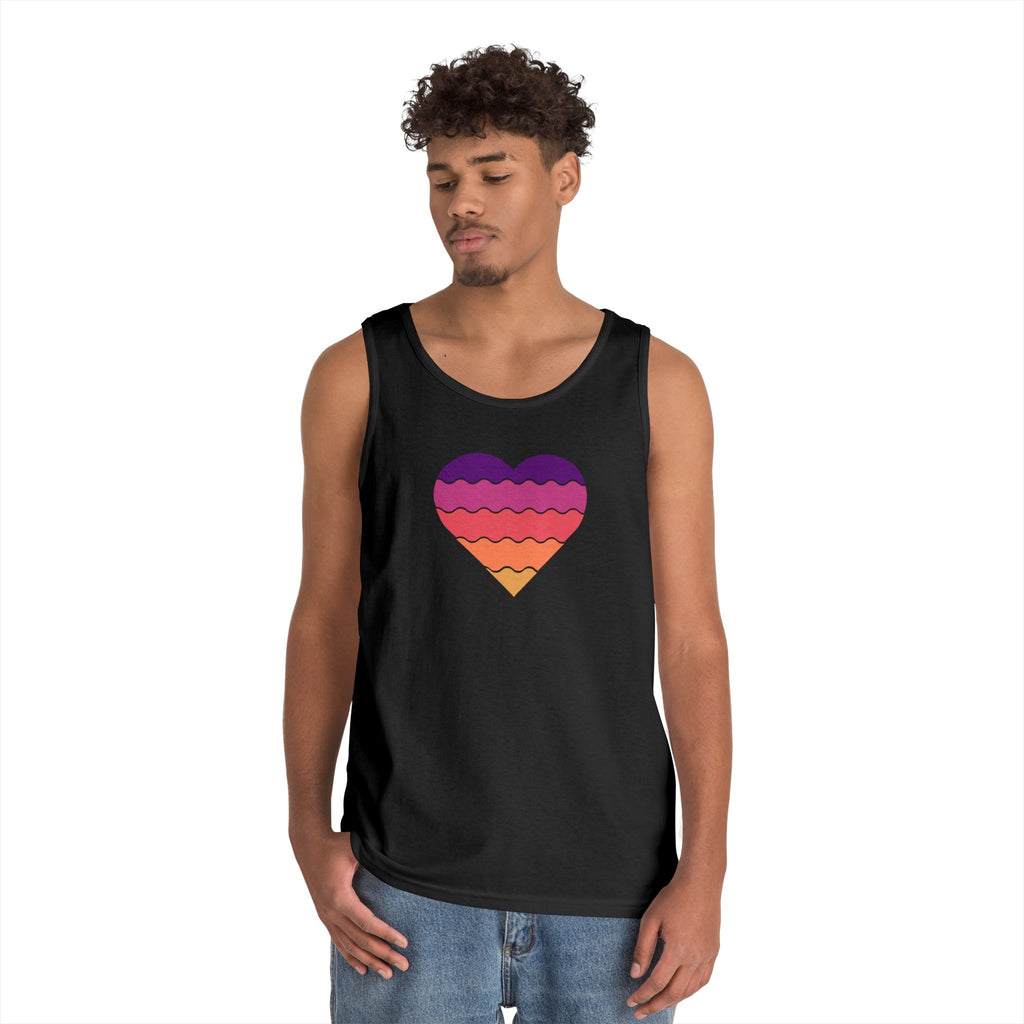 Sunset Heart Unisex Heavy Cotton Tank Top, Summer Vibes Tee, Beachwear, Pride Apparel, Gift for Her