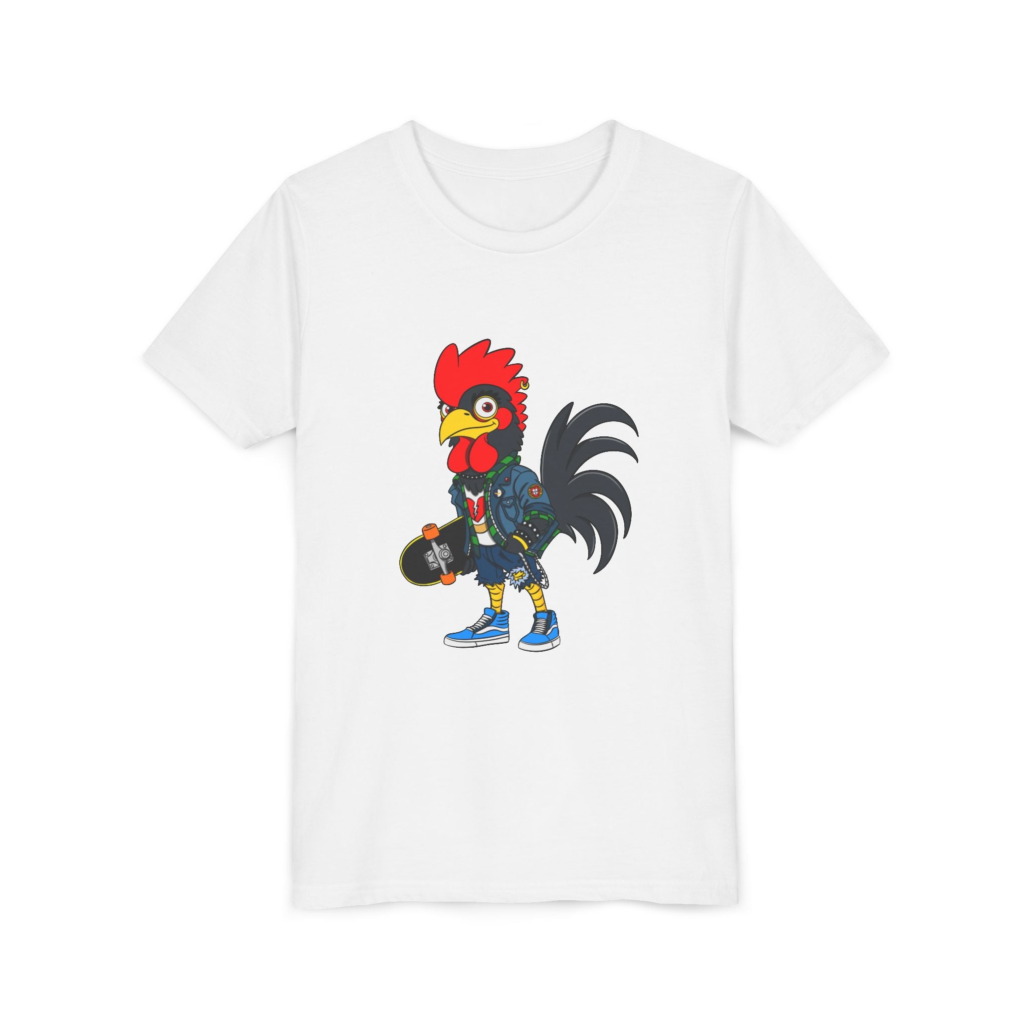 Punk Rock Rooster Youth Tee, Punk Style T-Shirt for Kids, Skateboard Outfit, Animal Lover Gift, Fun Birthday Present