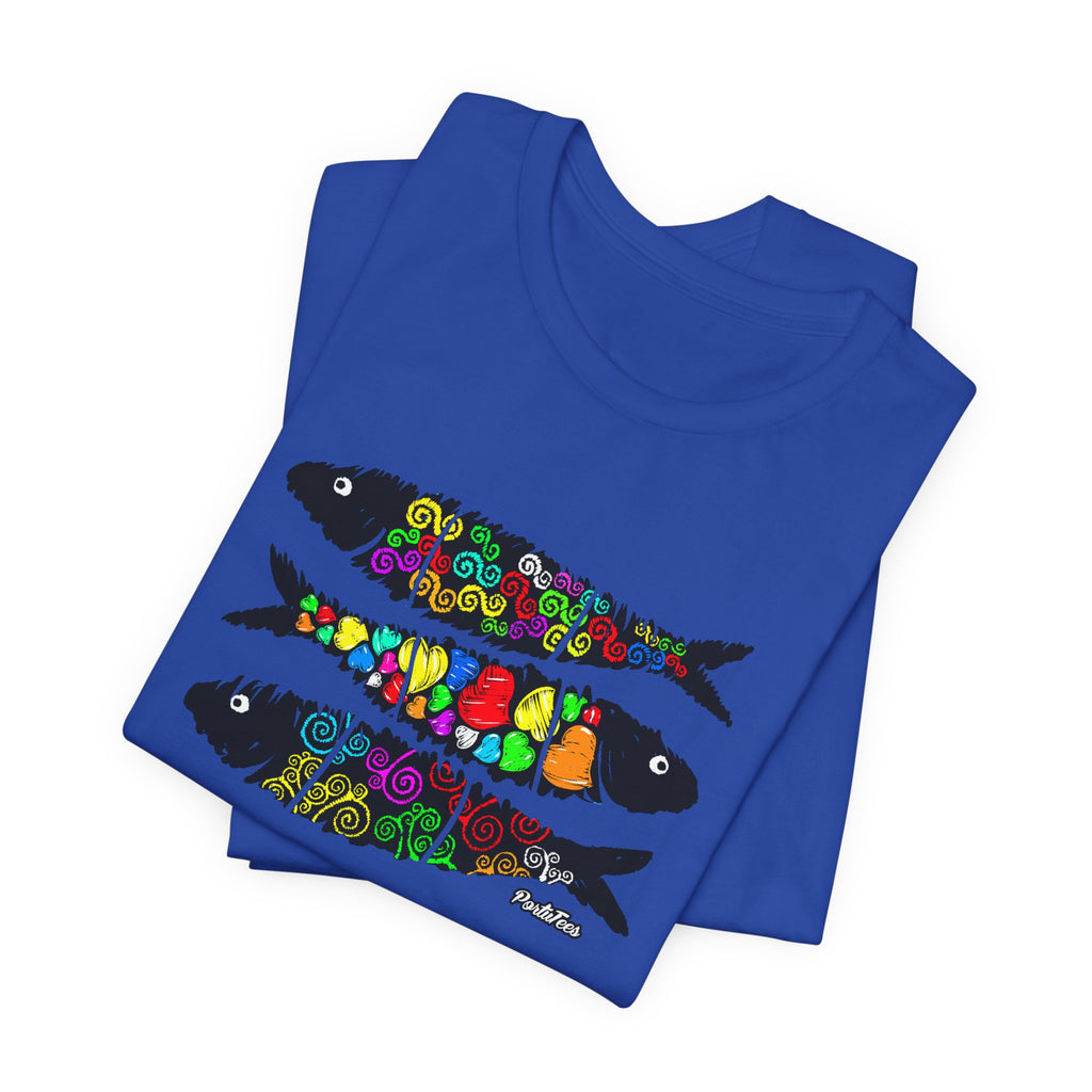 Sardine Street Art Fish Trio Tee — Colorful Patterned Sardine Graphic T-Shirt