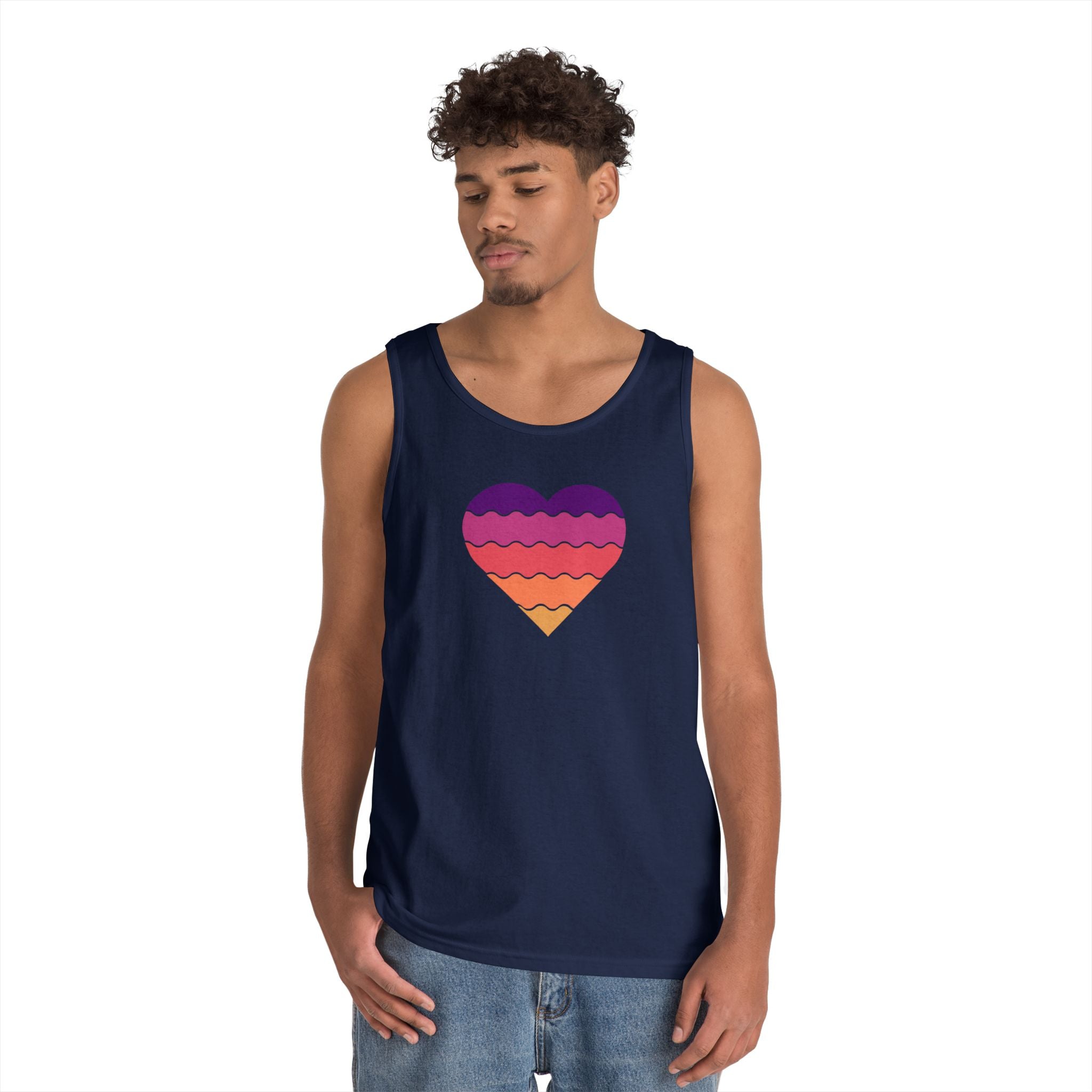 Sunset Heart Unisex Heavy Cotton Tank Top, Summer Vibes Tee, Beachwear, Pride Apparel, Gift for Her