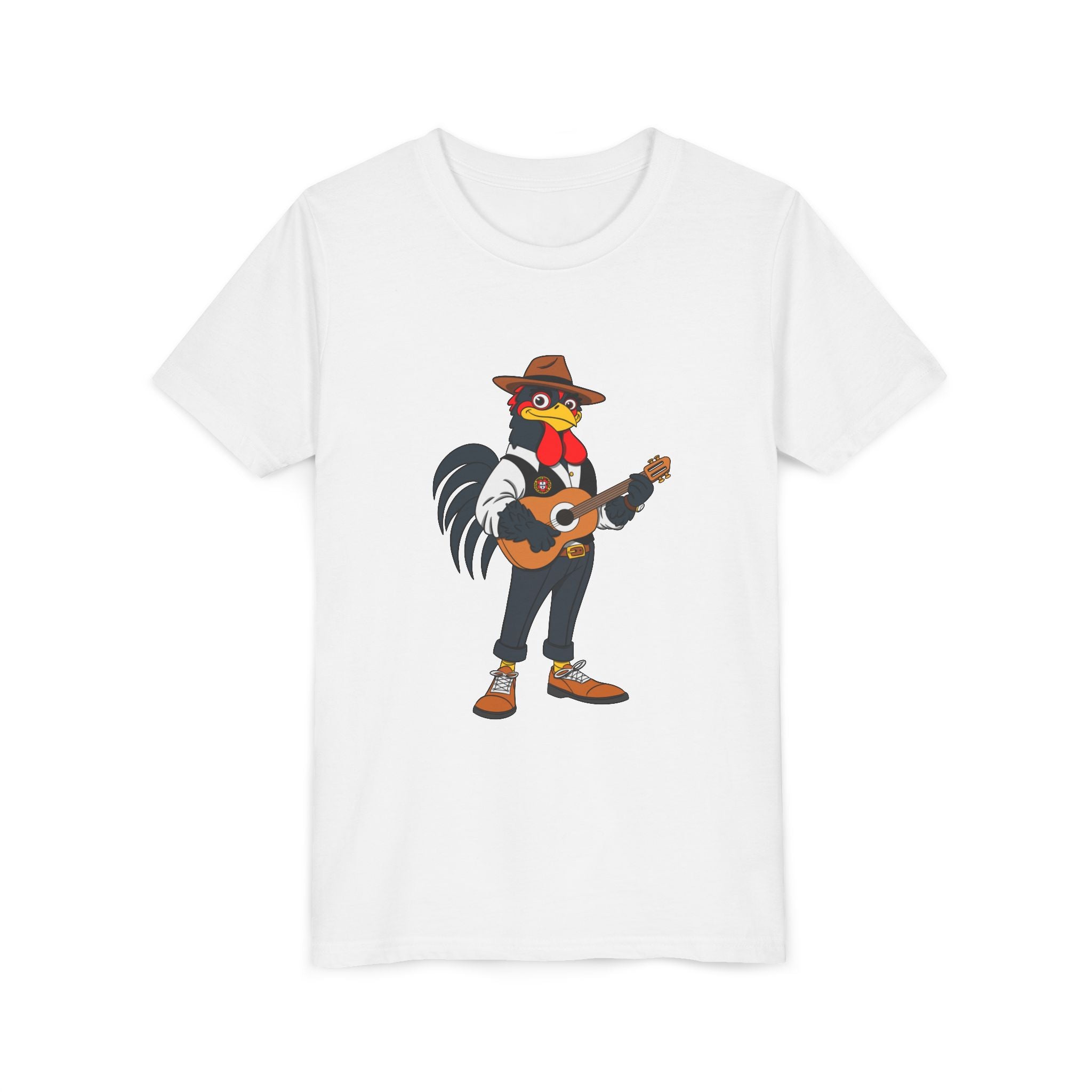 Fado Rooster Music Tee | Fun Youth Short Sleeve Shirt, Gift for Kids, Summer Outfit, Music Lovers, Cartoon Animal Design