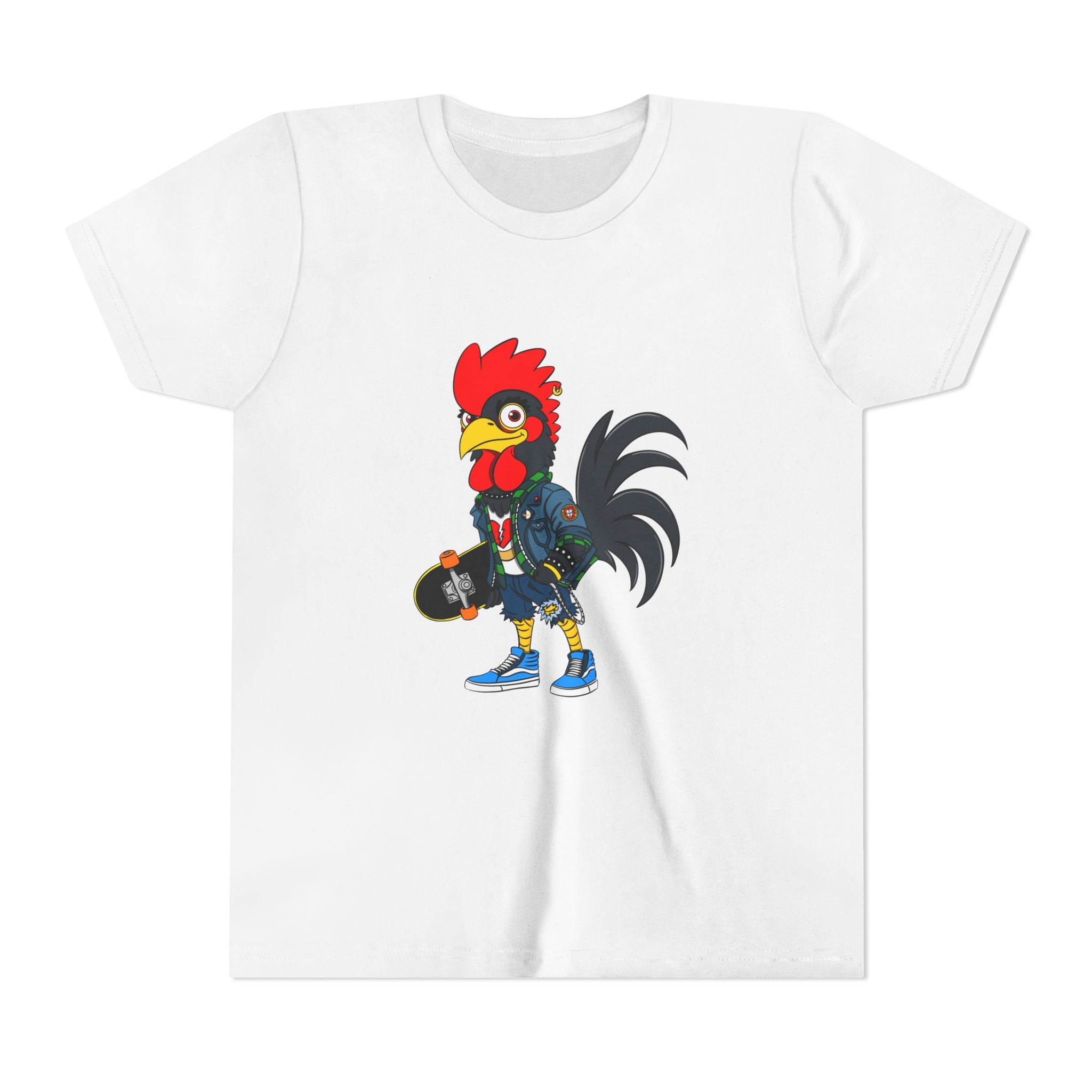Punk Rock Rooster Youth Tee, Punk Style T-Shirt for Kids, Skateboard Outfit, Animal Lover Gift, Fun Birthday Present