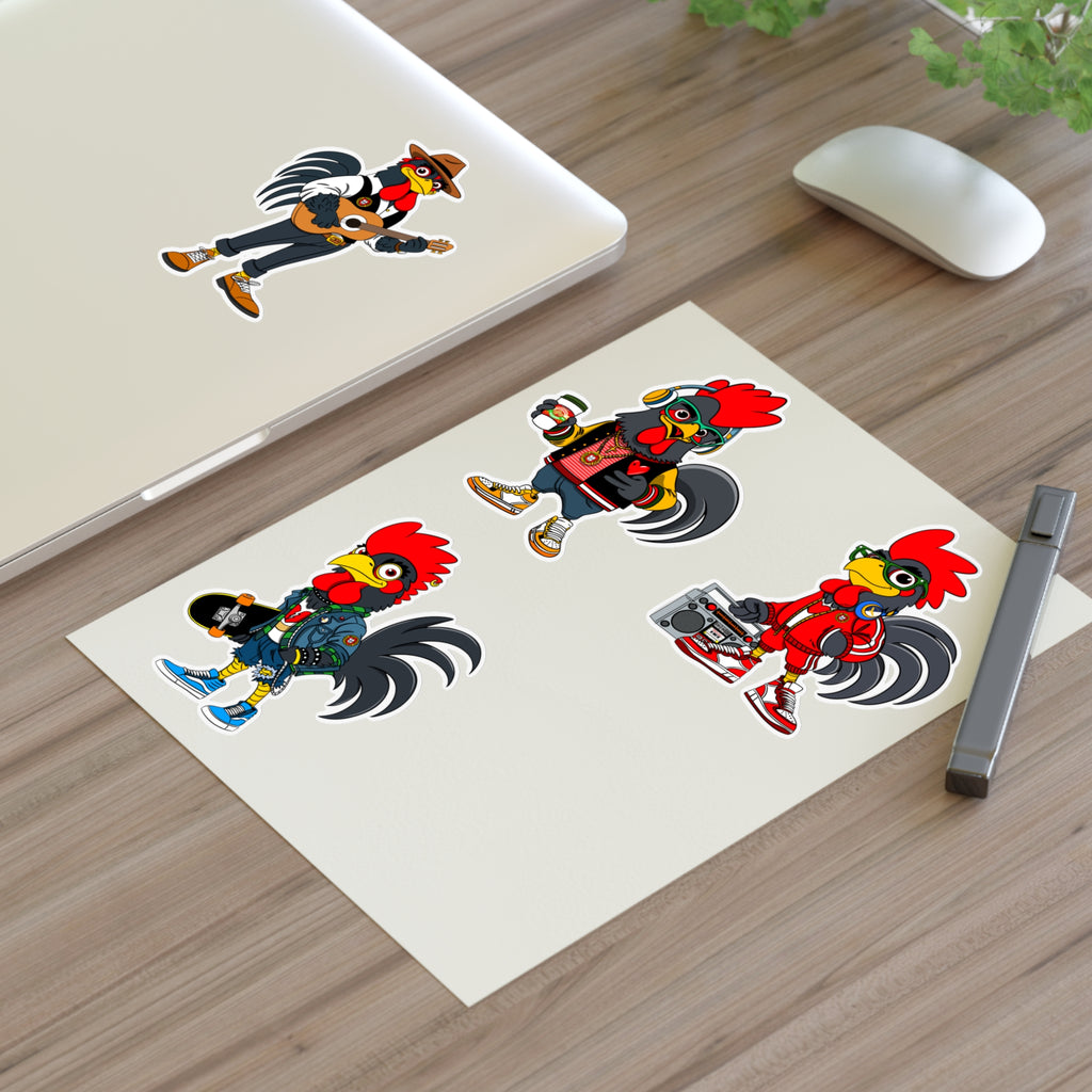 Fab Four Roosters Sticker Sheets, Fun Decals for Wall Art, Laptop, Scrapbooking, Gift for Farmers, Country Lovers, Collectible Stickers