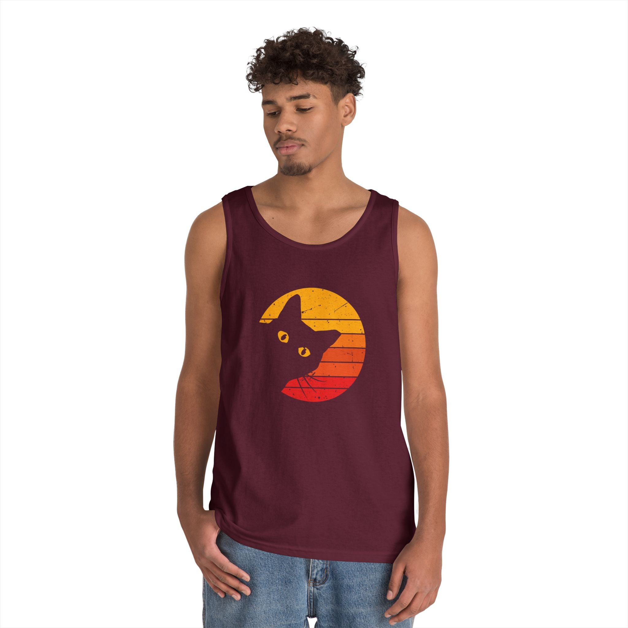 Sunset Cat Unisex Heavy Cotton Tank Top, Perfect for Cat Lovers, Summer Wear, Beach Days, Gift for Cat Owners, Casual Style