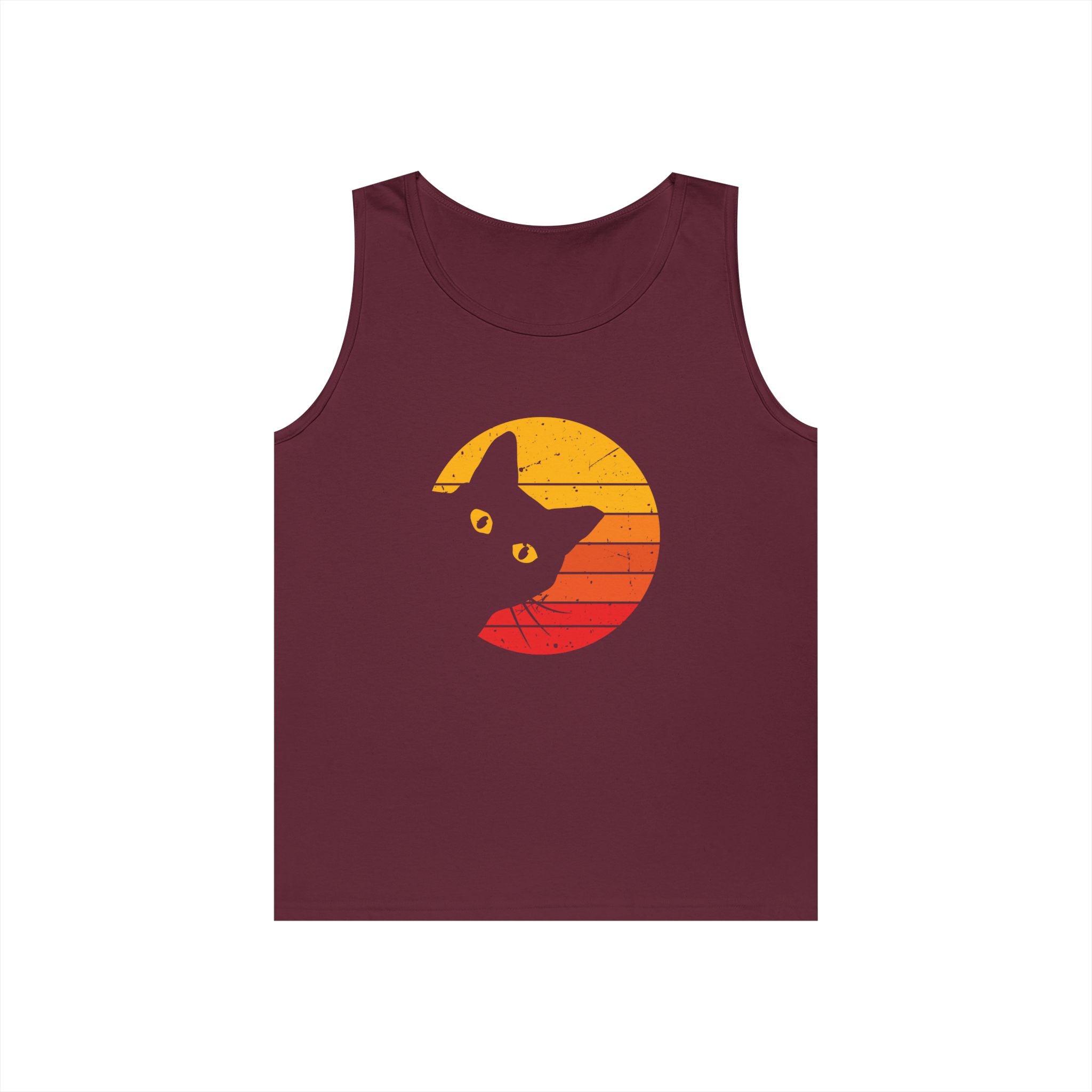 Sunset Cat Unisex Heavy Cotton Tank Top, Perfect for Cat Lovers, Summer Wear, Beach Days, Gift for Cat Owners, Casual Style
