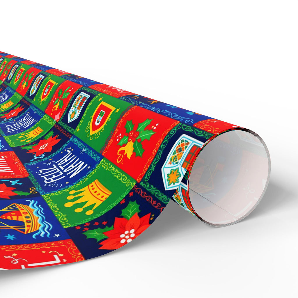 Feliz Natal Holiday Crest Pattern Wrapping Paper Roll - Festive Crown & Holly Gift Wrap