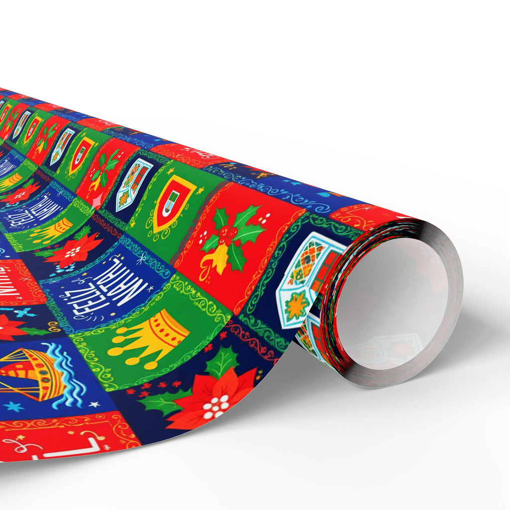 Feliz Natal Holiday Crest Pattern Wrapping Paper Roll - Festive Crown & Holly Gift Wrap