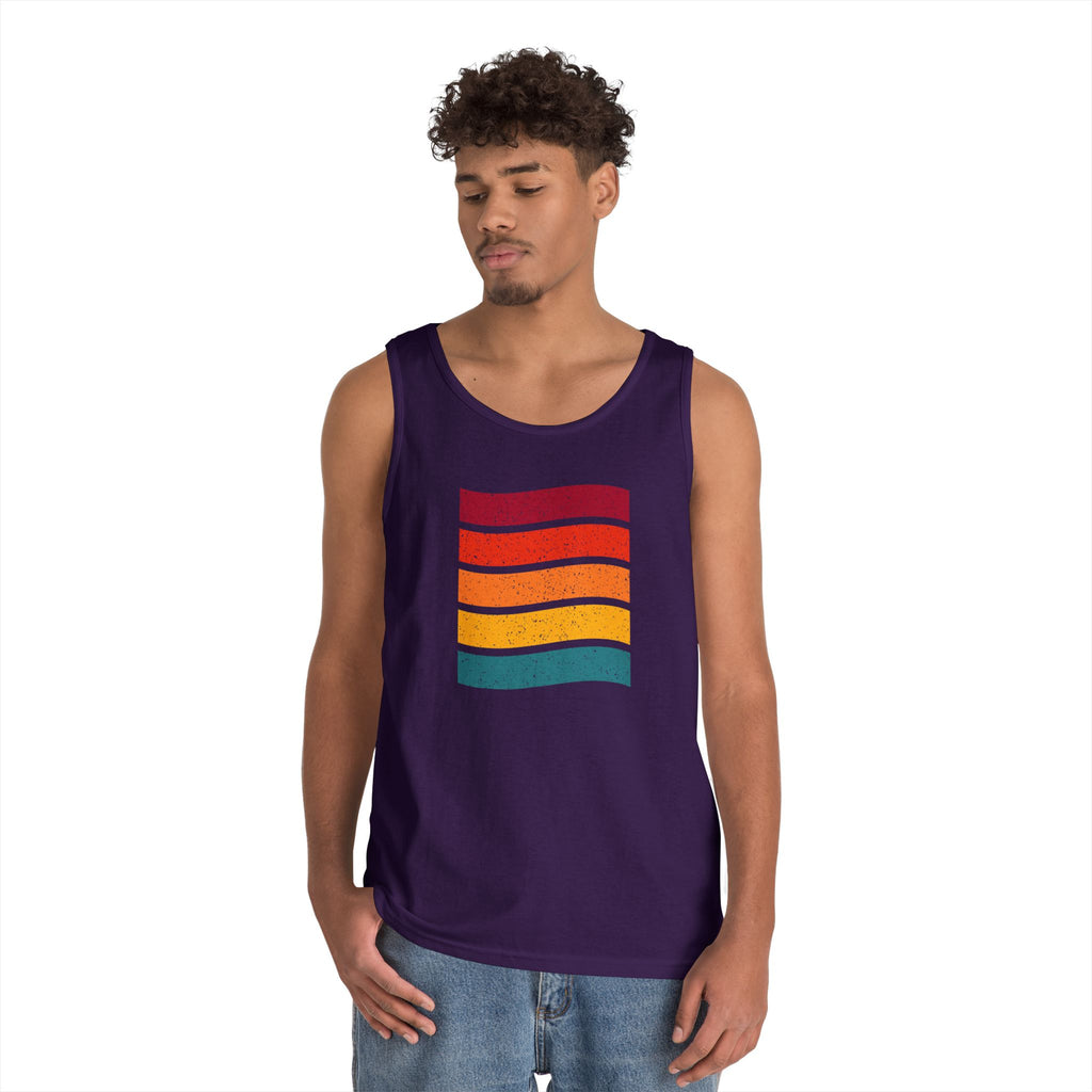 Retro Rainbow Waves Unisex Heavy Cotton Tank Top, Summer Shirt, Beachwear, Festival Outfit, Gift for Him or Her